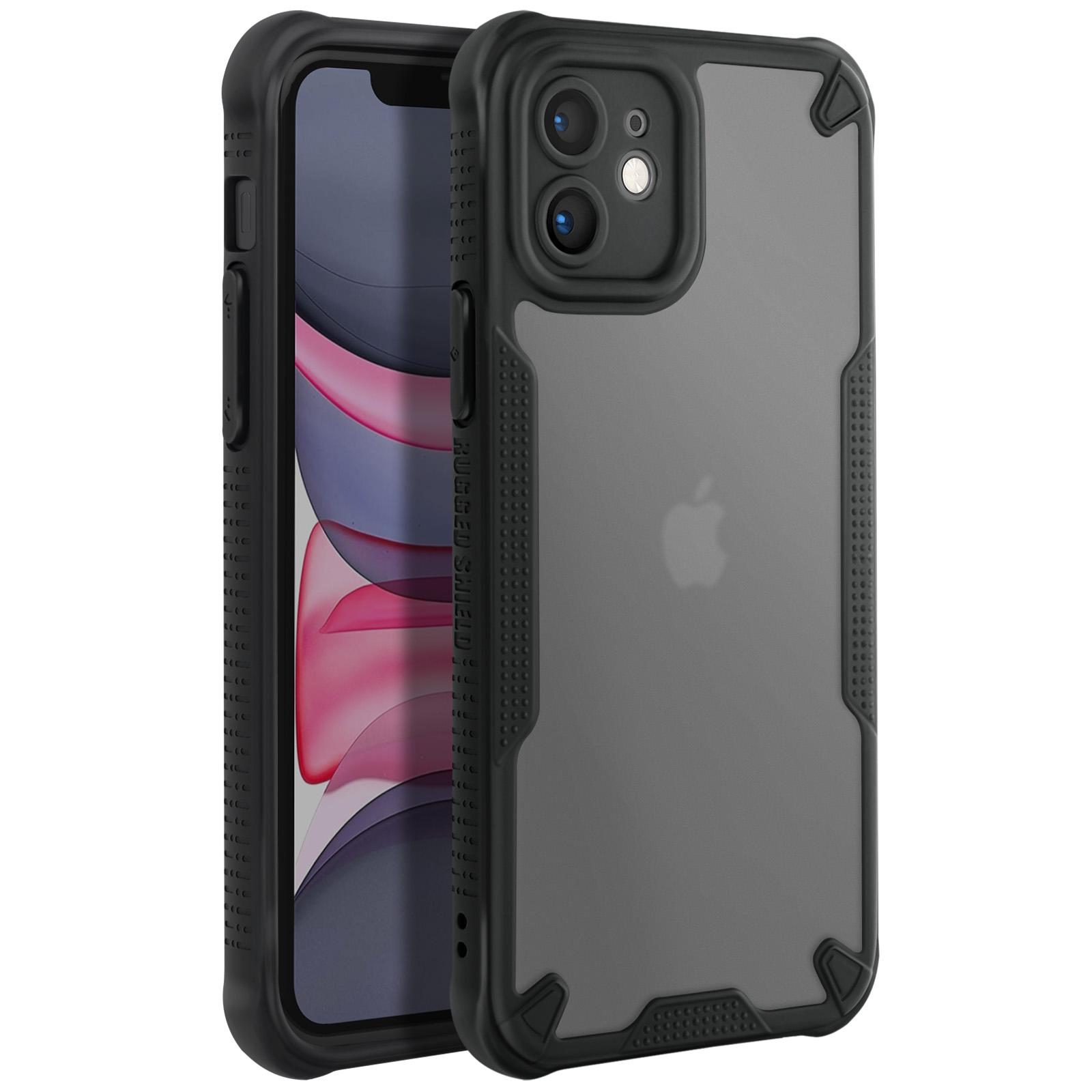 Custodia nera per iPhone. Mostra retro e lato. Design robusto con dettagli grigi.