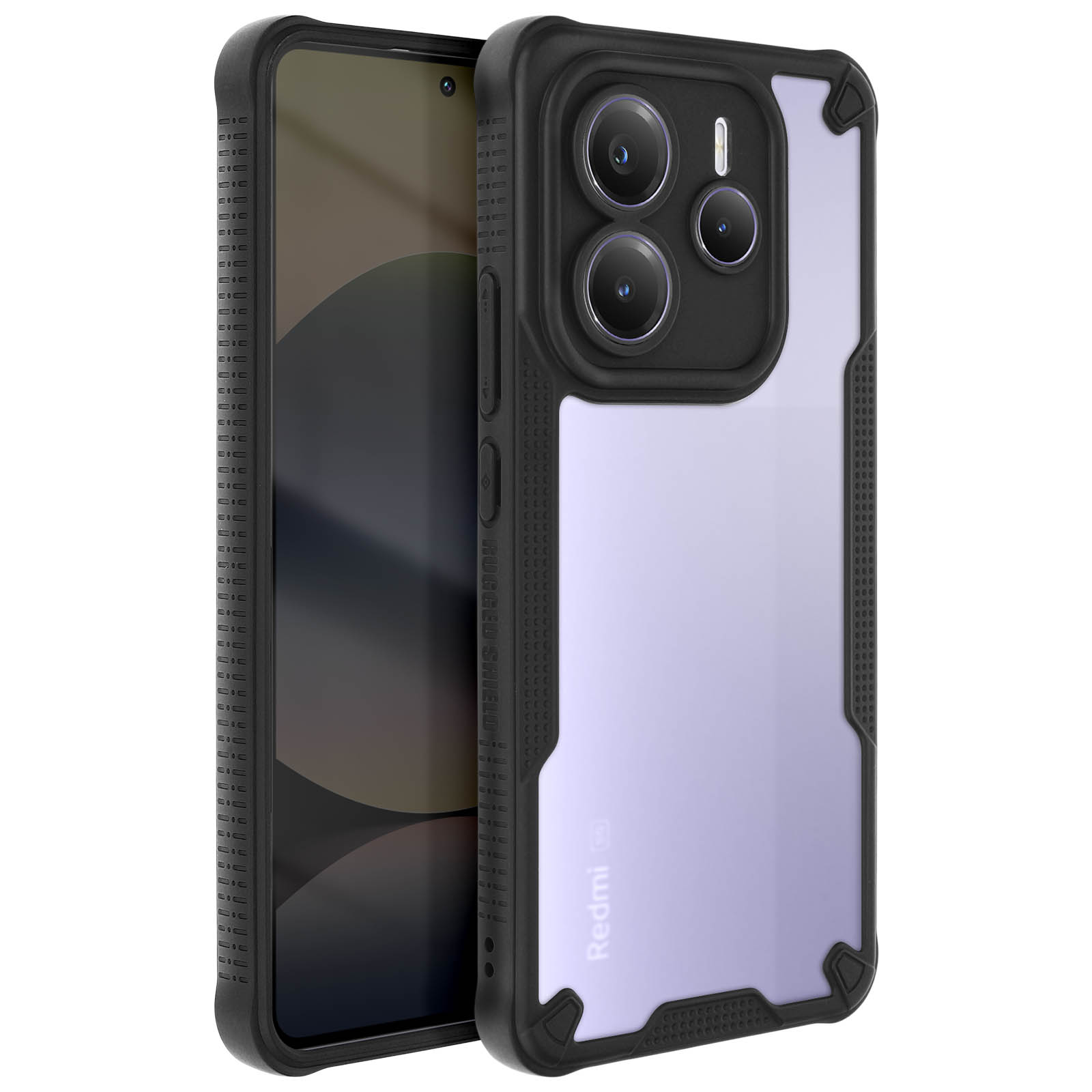 Custodia nera per telefono con retro trasparente. Ha una cornice protettiva nera e il logo Redmi.