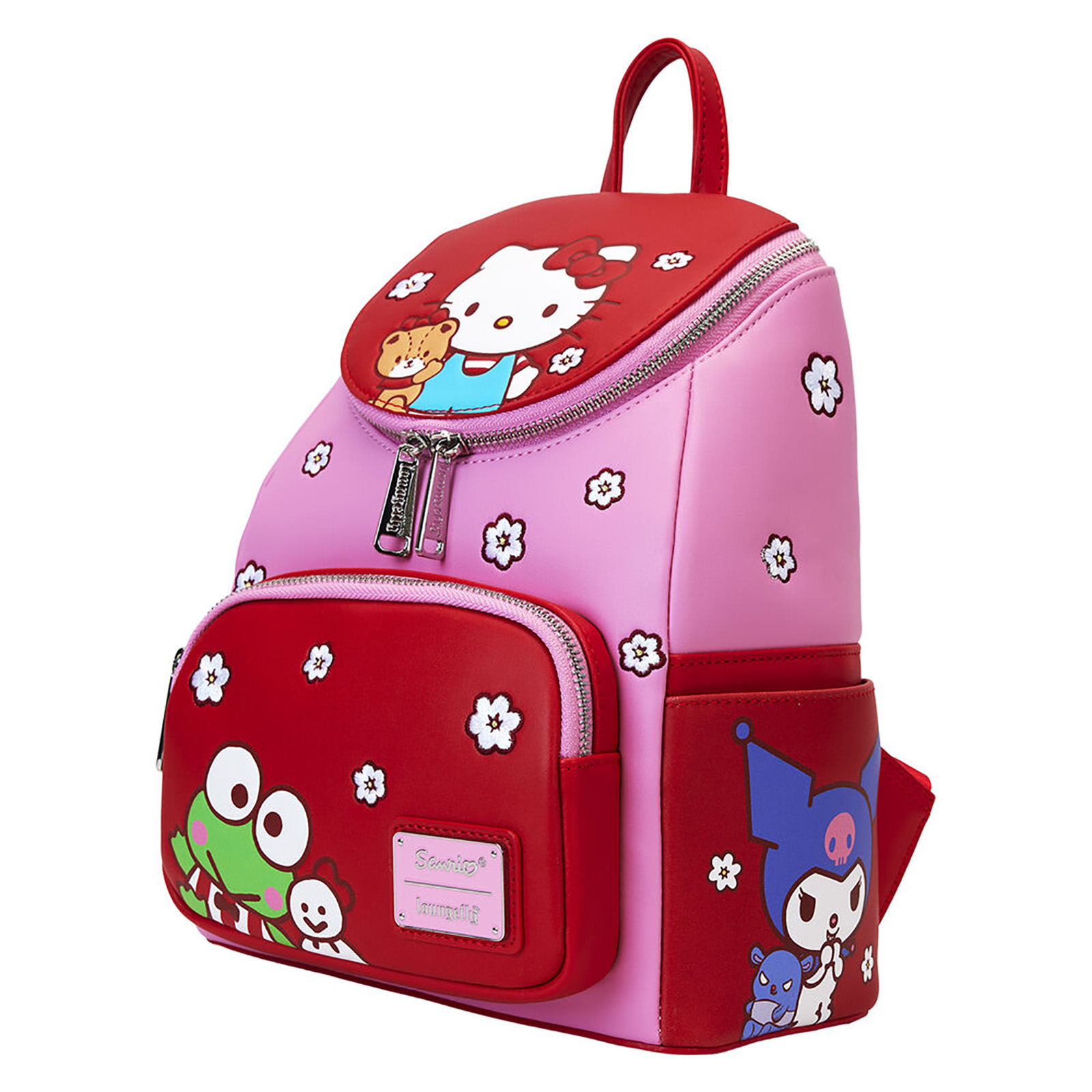 Mochila rosa con Hello Kitty y My Melody. Tiene un bolsillo delantero rojo con Keroppi. Hay diseños de flores blancas.
