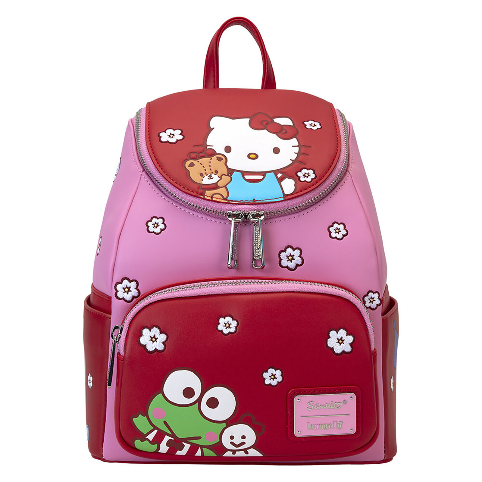Mochila rosa con Hello Kitty y My Melody. Tiene un bolsillo delantero rojo con Keroppi. Hay diseños de flores blancas.