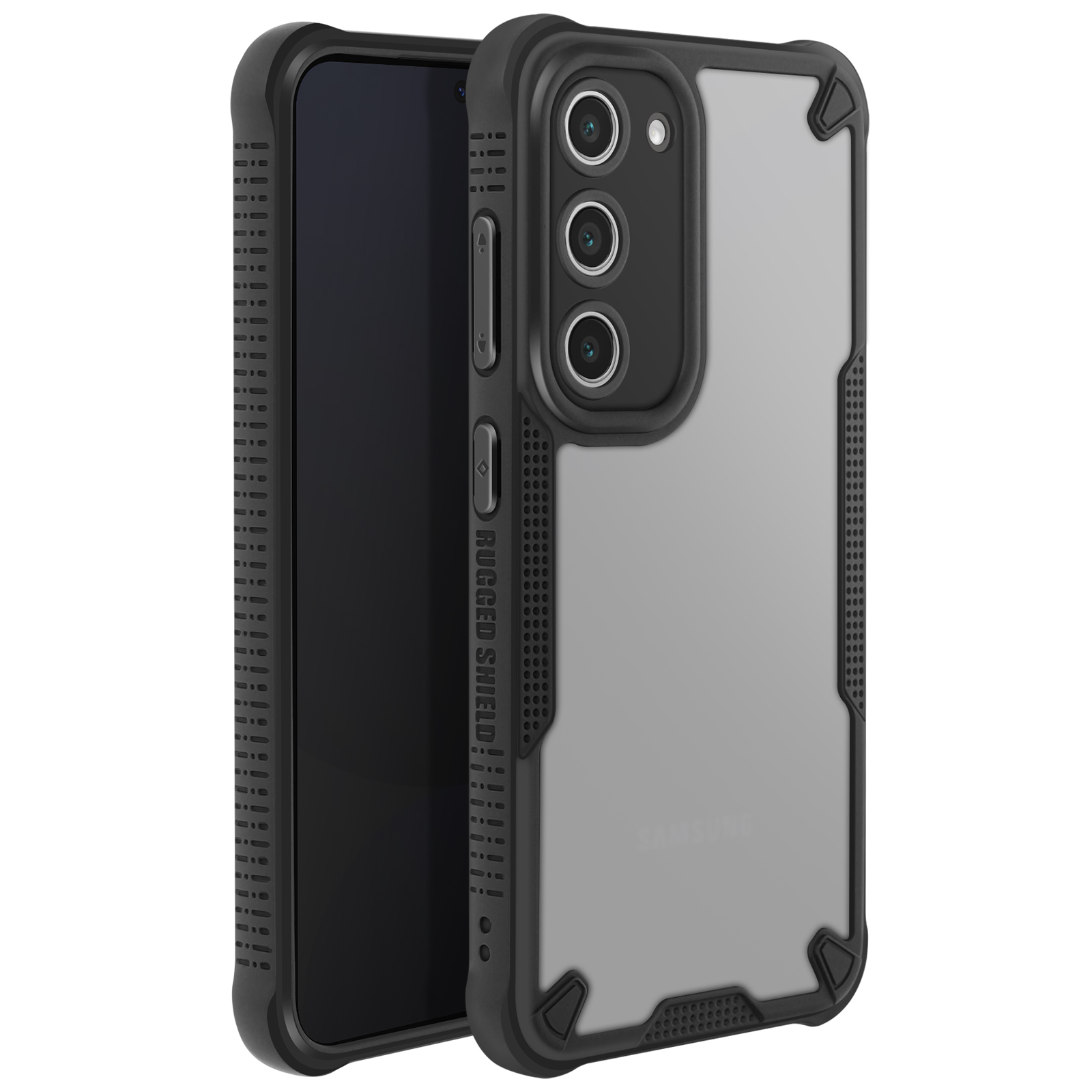Una custodia per telefono nera e grigia con un telefono all'interno. La custodia protegge il telefono con bordi robusti.