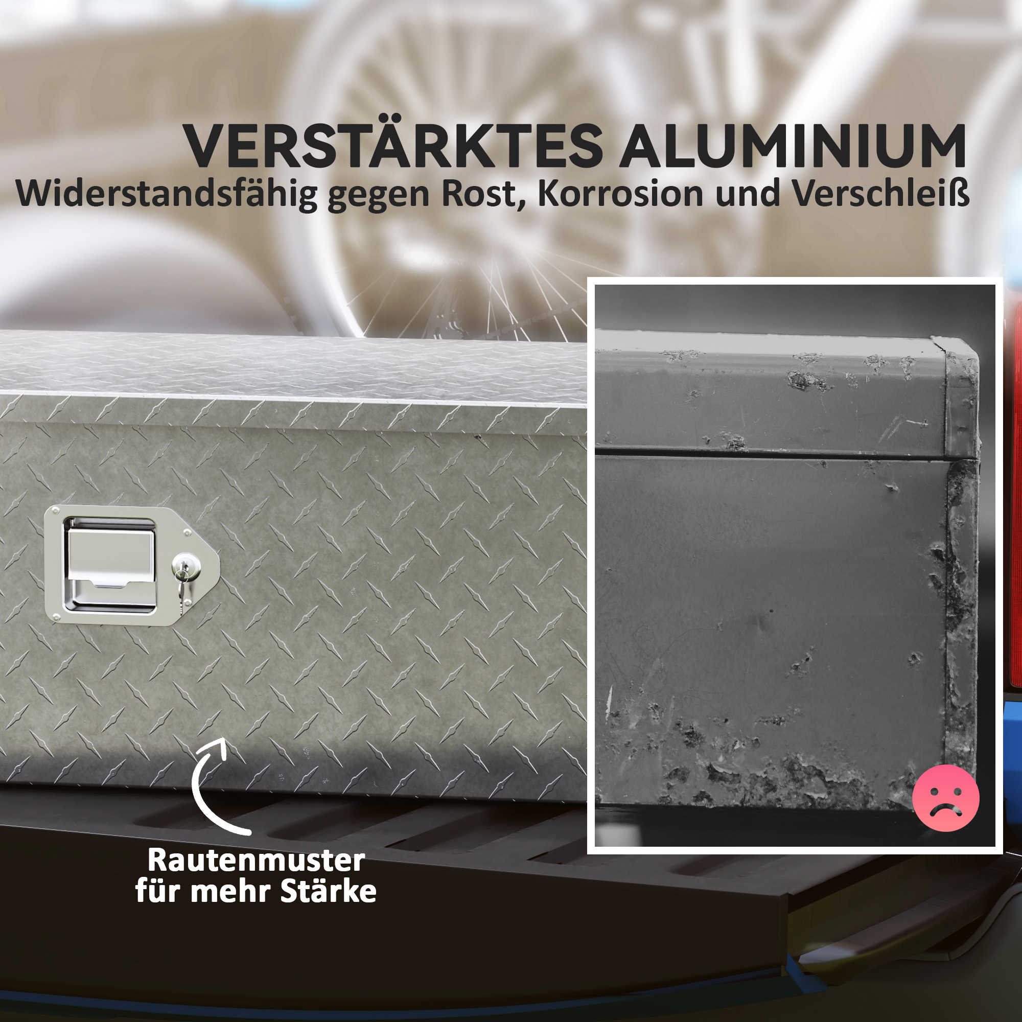 Silberne Werkzeugkiste mit Rostvergleich. Text sagt: Verstärktes Aluminium, beständig gegen Rost, Korrosion und Verschleiß.