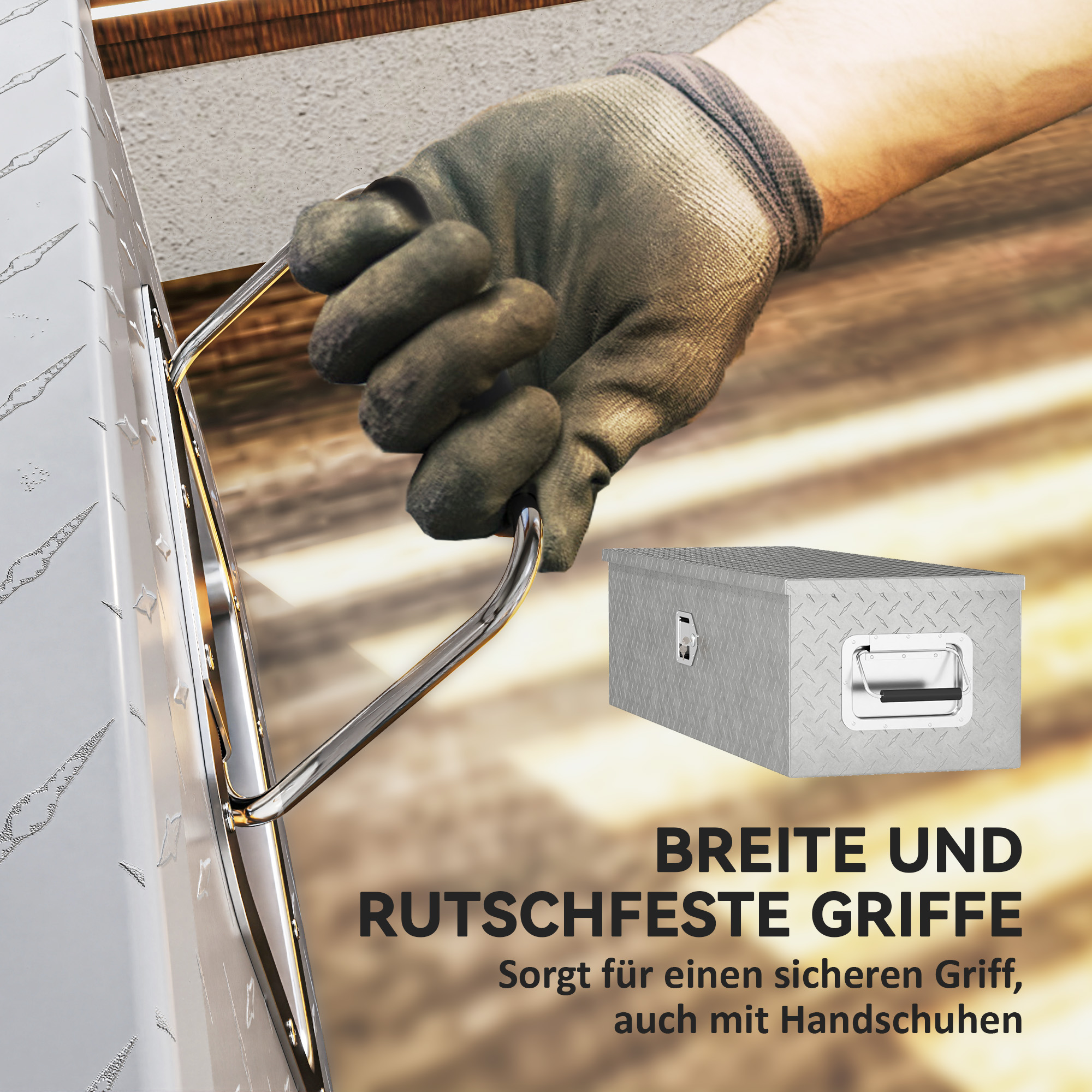 Eine Hand mit Handschuh hält eine silberne Werkzeugkiste. Text sagt: Breite und rutschfeste Griffe bieten sicheren Halt.