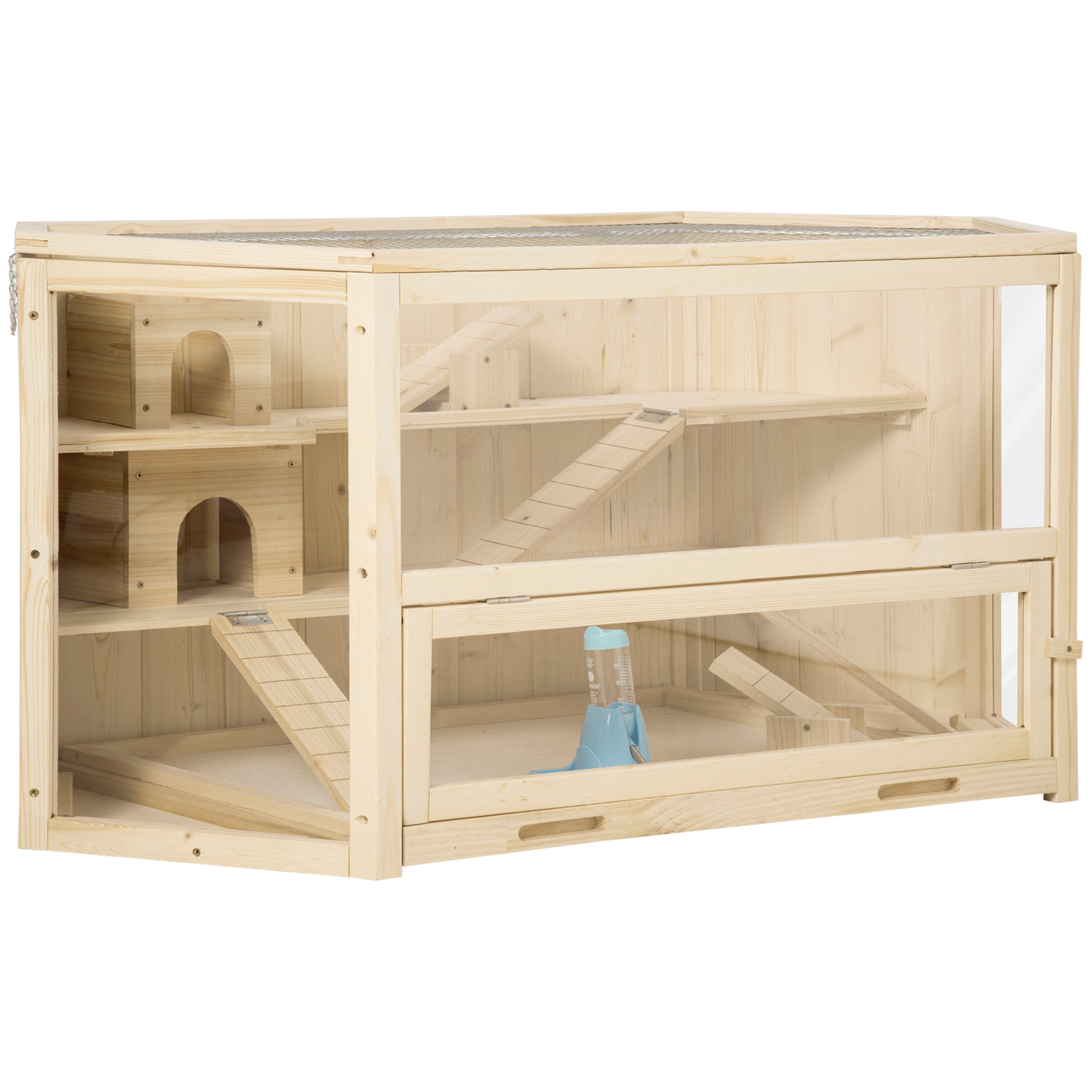 Ein hölzernes Hamstergehege mit mehreren Ebenen, Rampen und einer Wasserflasche. Hamster sind darin.