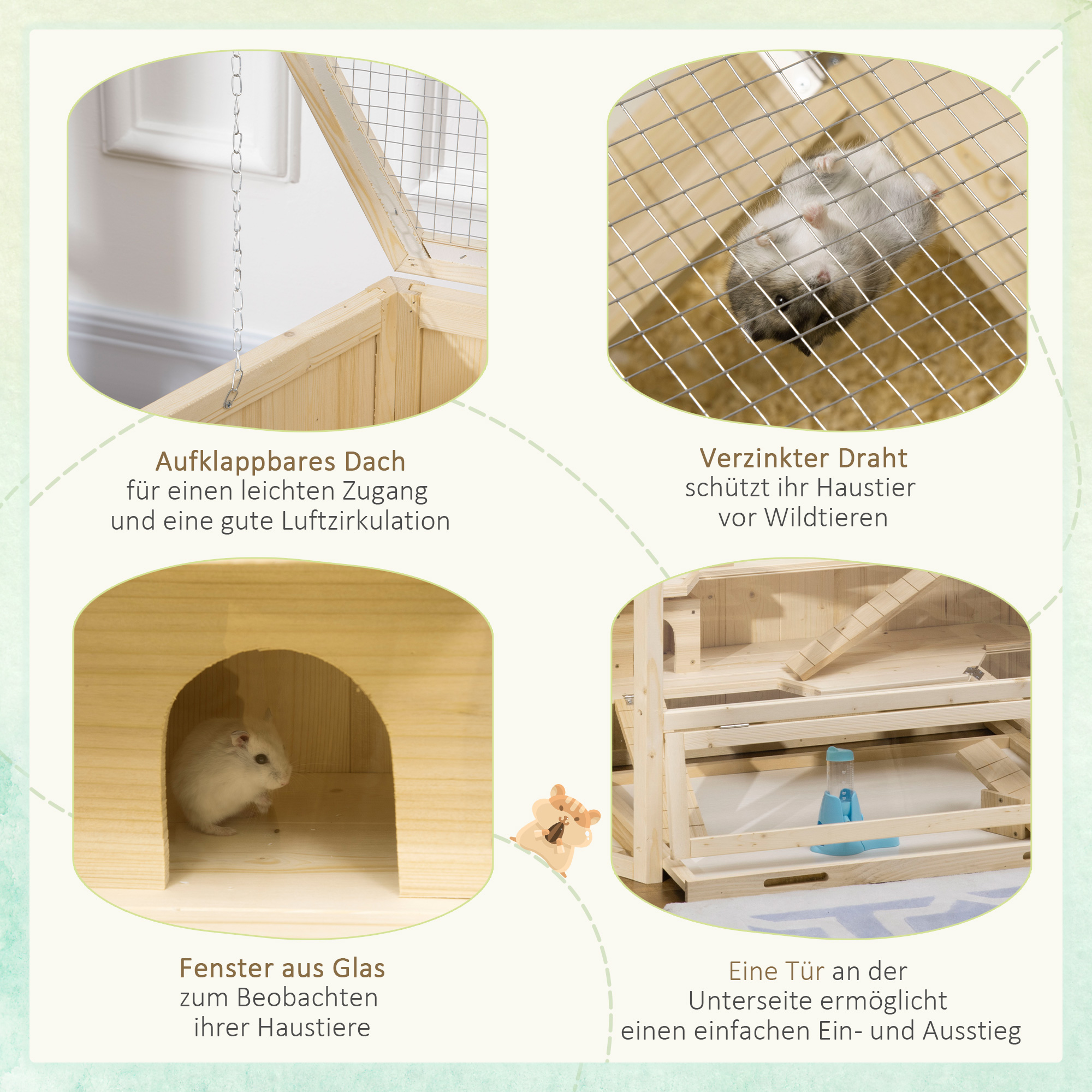 Ein Hamsterkäfig mit Details: klappbares Dach, Drahtgeflecht, Glasfenster und Tür. Hamster sind darin.