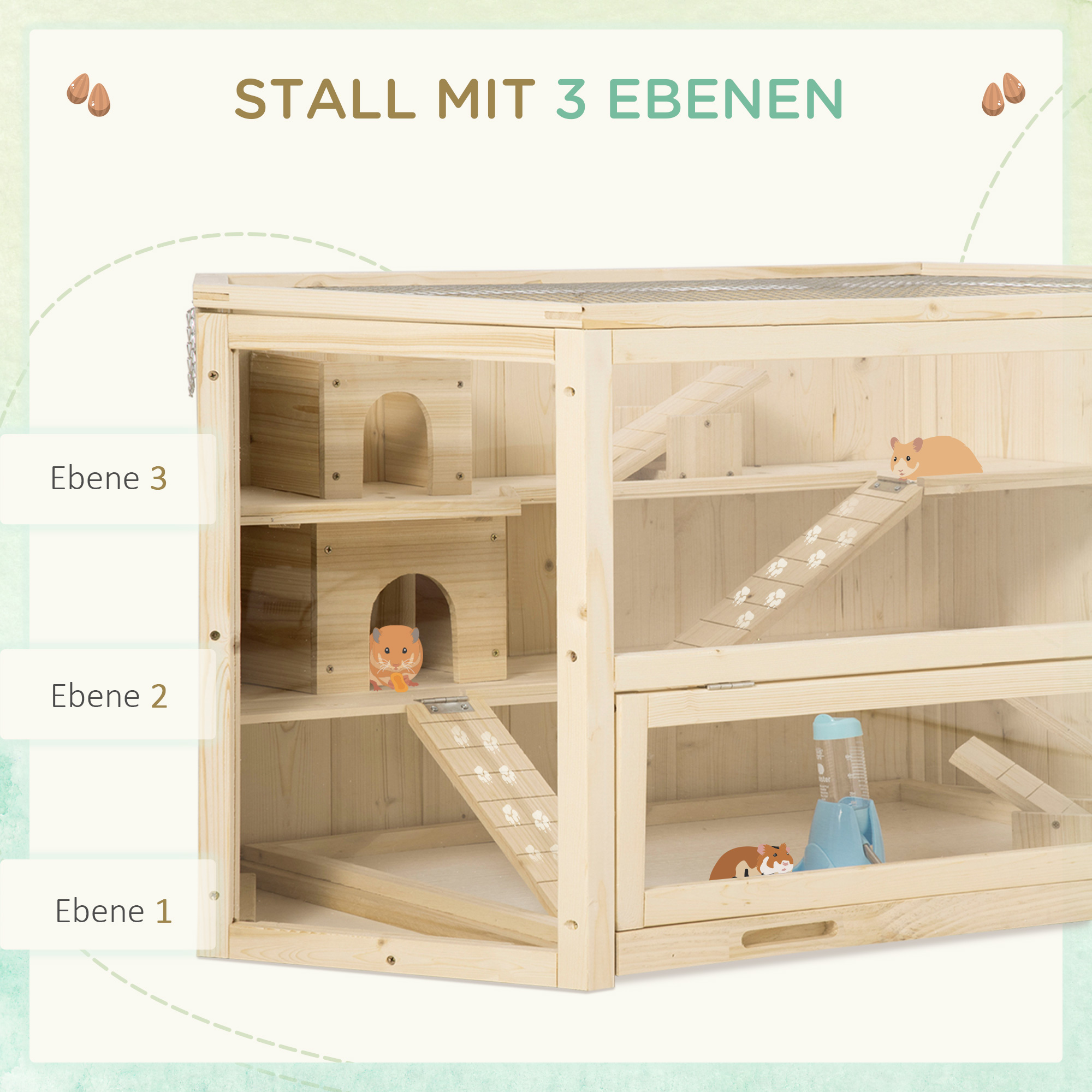 Ein hölzernes Hamstergehege mit Ebenen, Rampen und Hamstern. Text beschriftet die Ebenen. Hamster sind sichtbar.