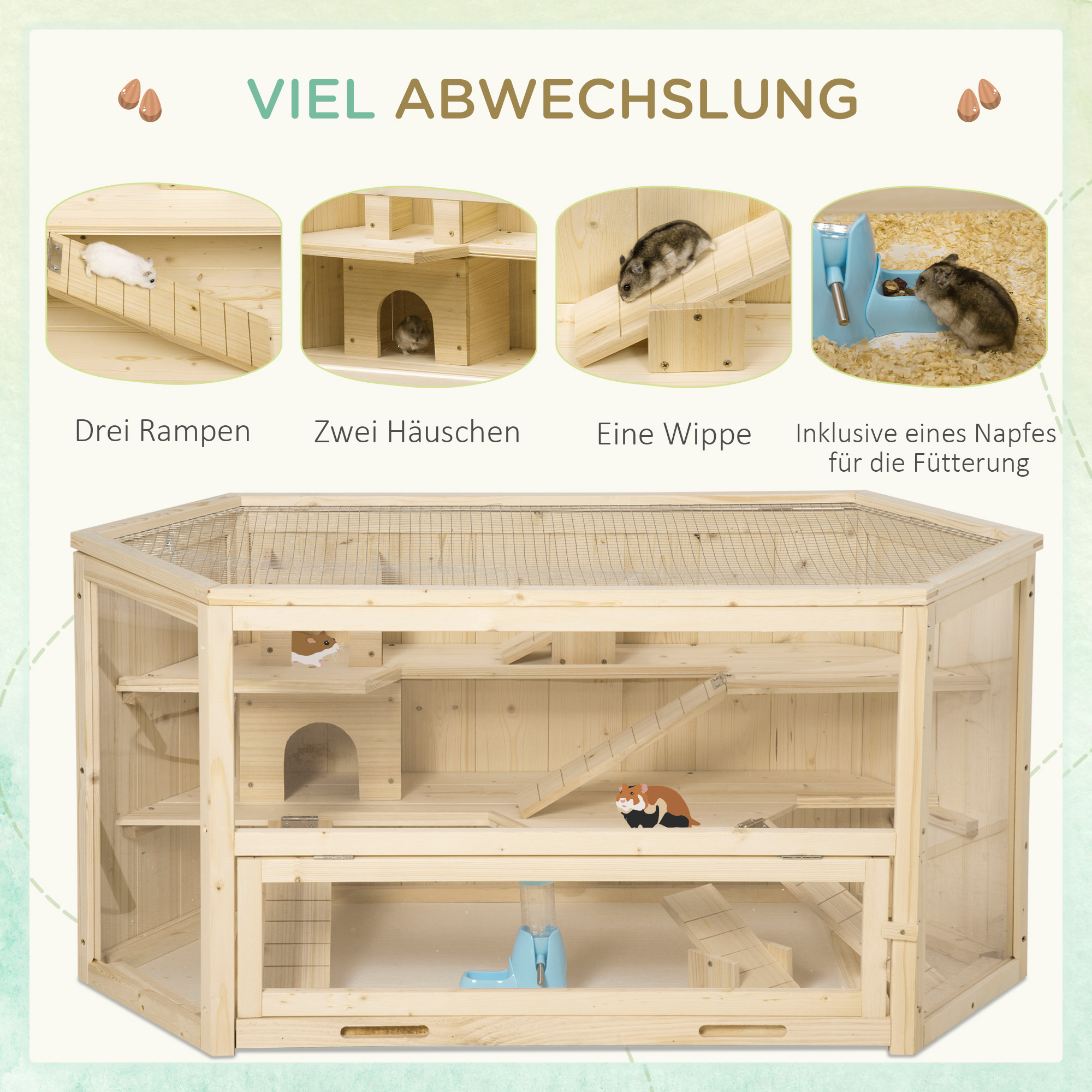 Ein hölzernes Hamstergehege mit Ebenen, Rampen, Rad und Futter. Hamster sind darin.