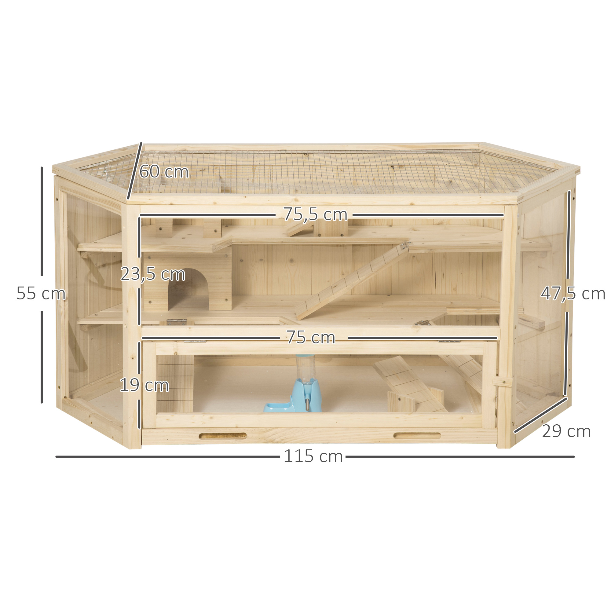Holzgehege für Haustiere mit Abmessungen. Helles Holz, Drahtgitter oben, mehrere Ebenen.