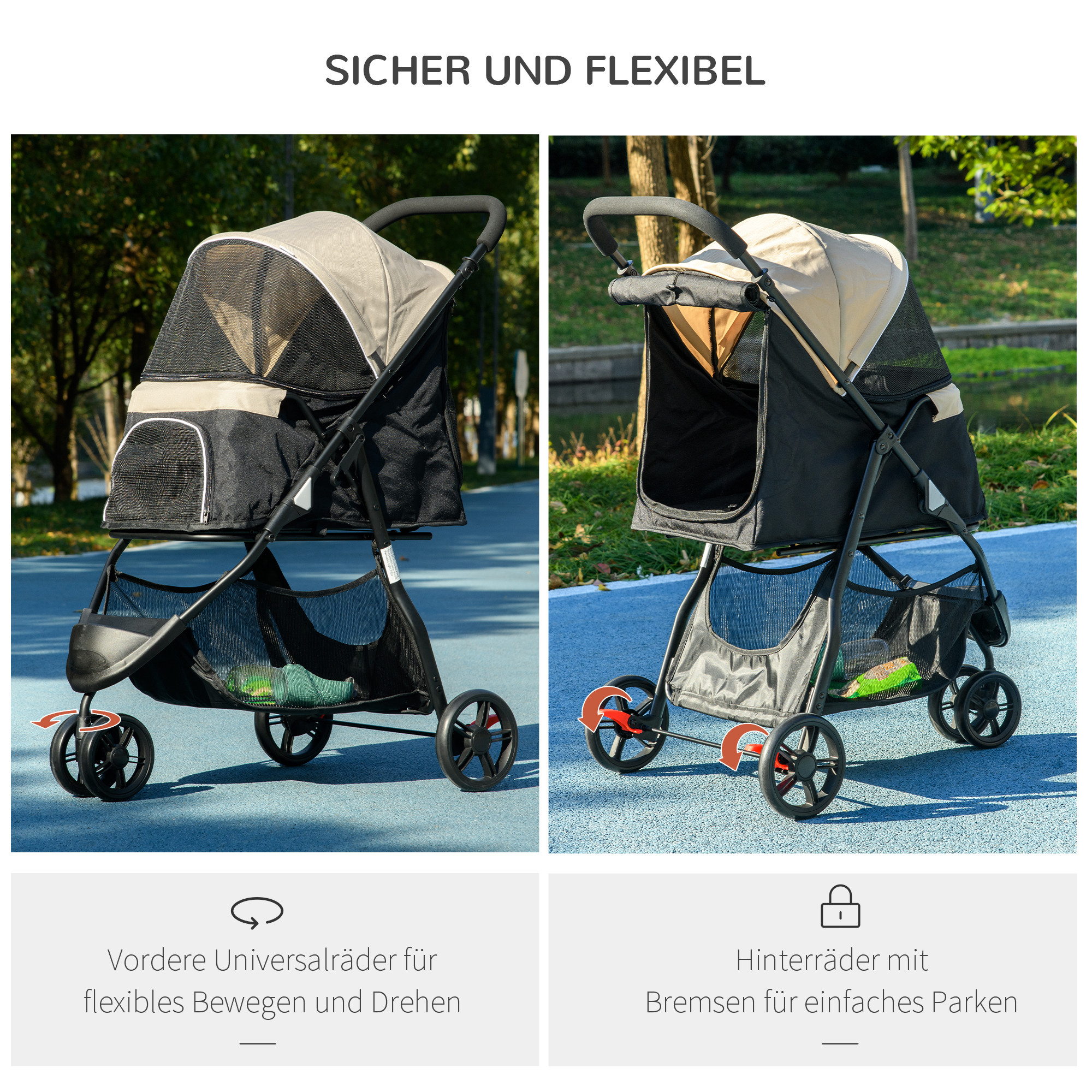 Zwei Haustier-Kinderwagen nebeneinander. Einer mit gedrehten Vorderrädern, der andere mit Bremsen hinten.
