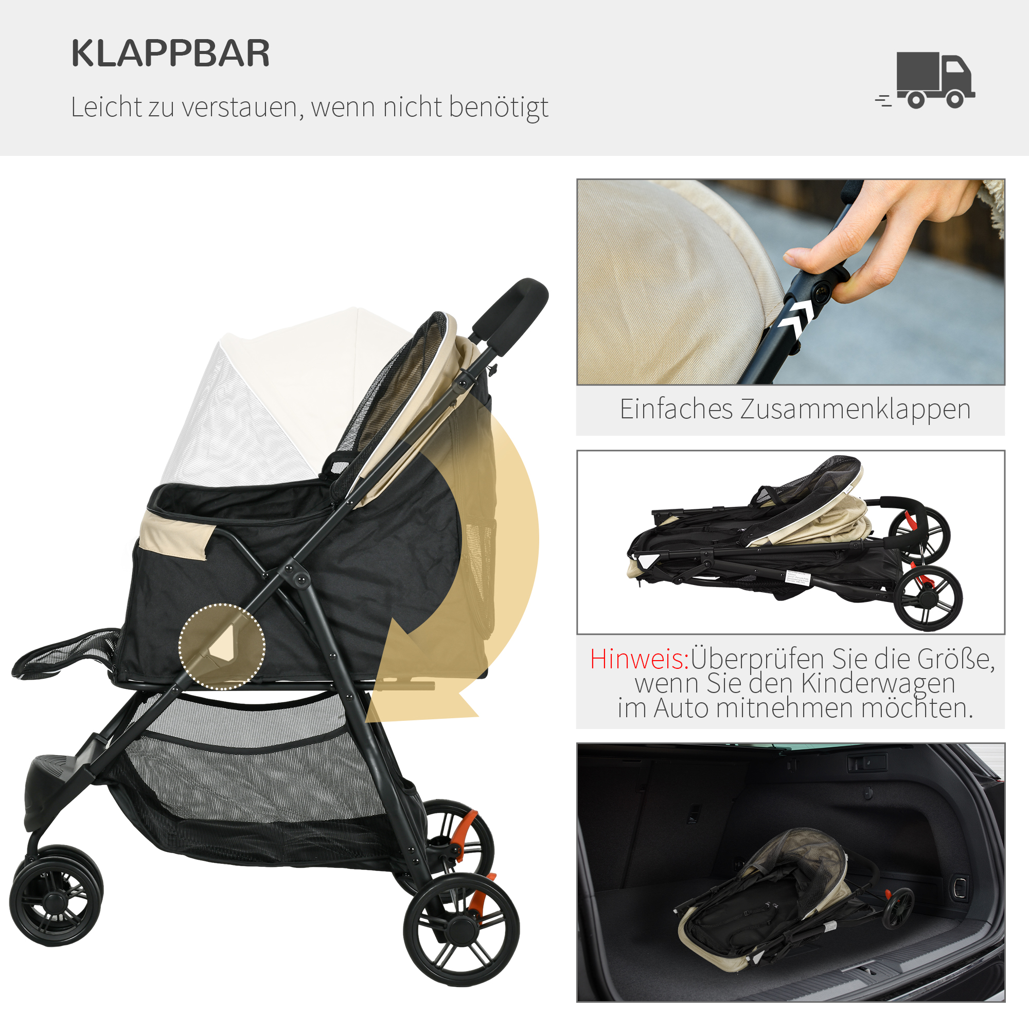 Faltbarer Tierkinderwagen mit drei Bildern, die das Falten und die Autolagerung zeigen.