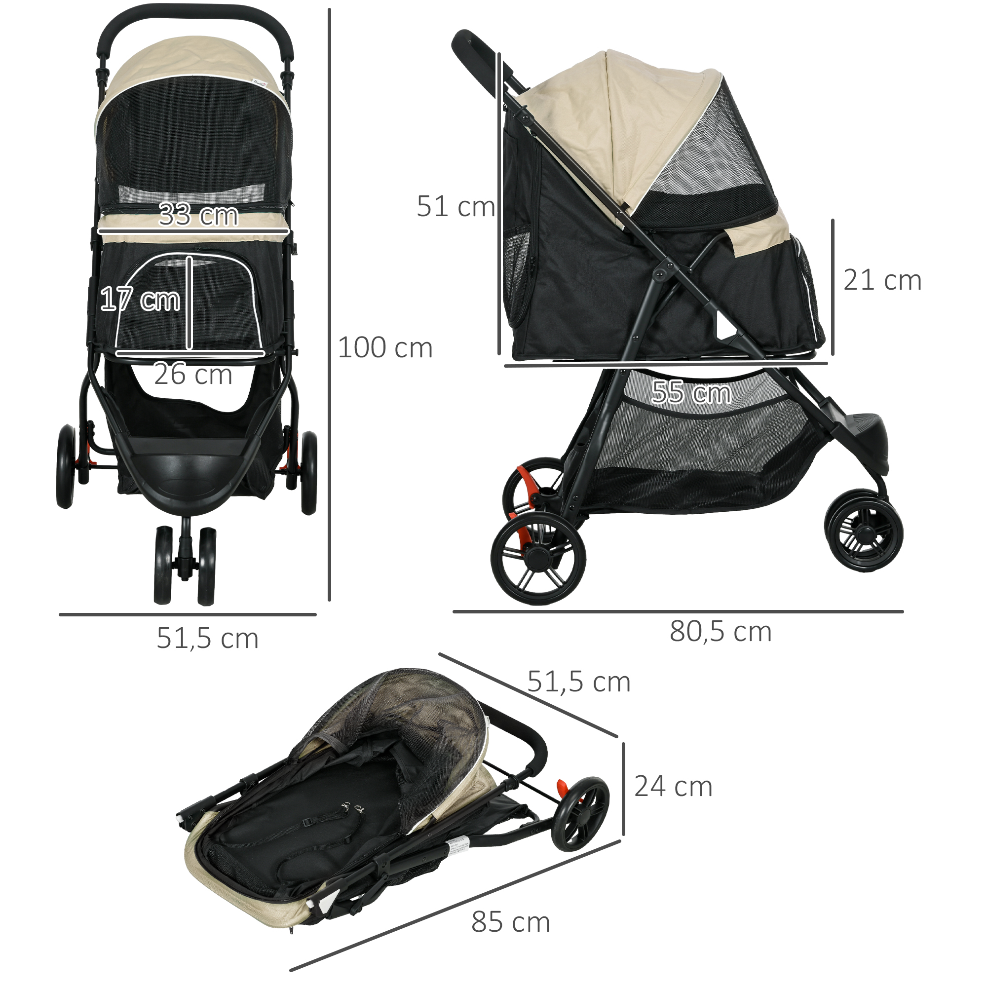 Tierkinderwagen mit Abmessungen, aus mehreren Blickwinkeln gezeigt.