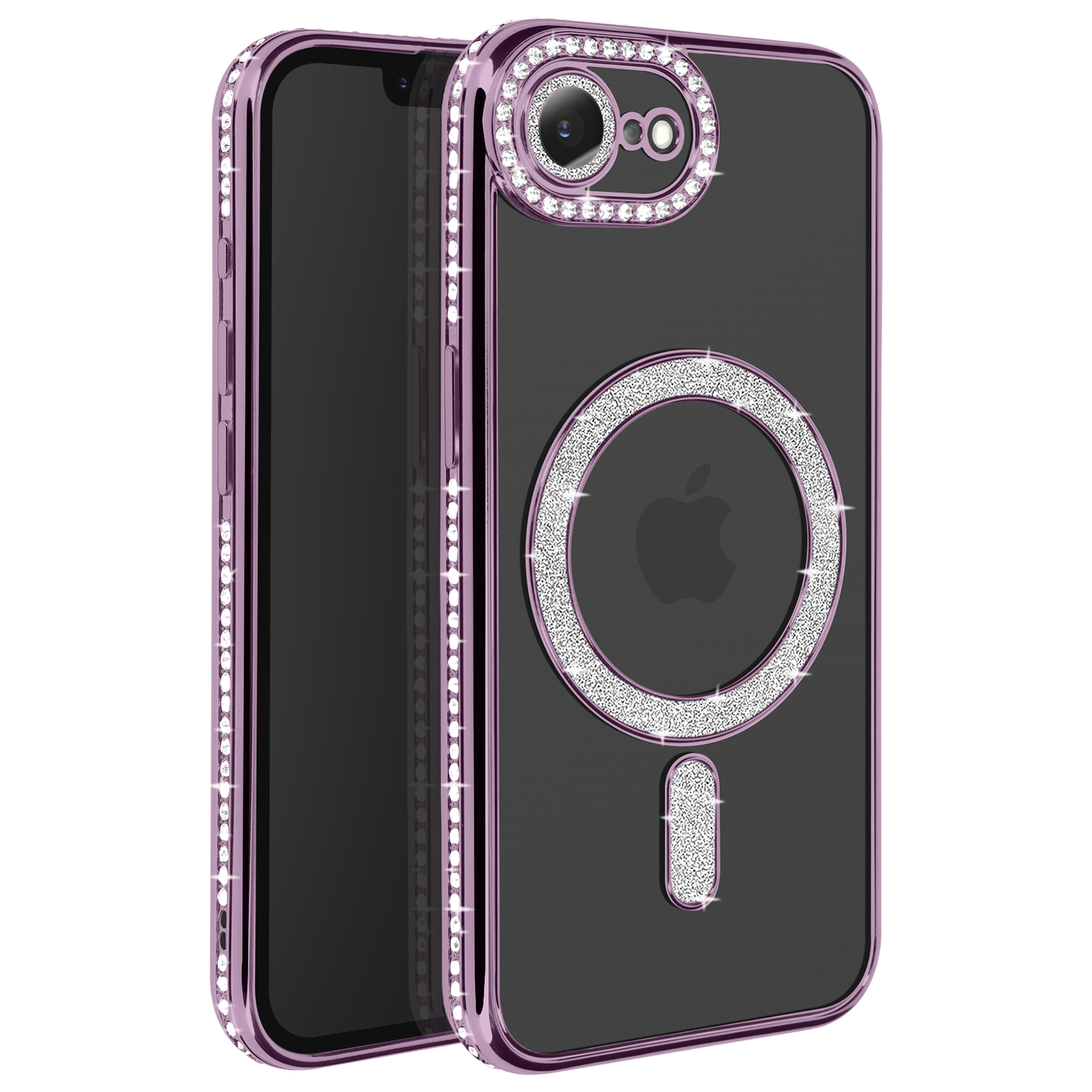 Telefoonhoesje met paars frame en strass, en een zwarte telefoon erin.