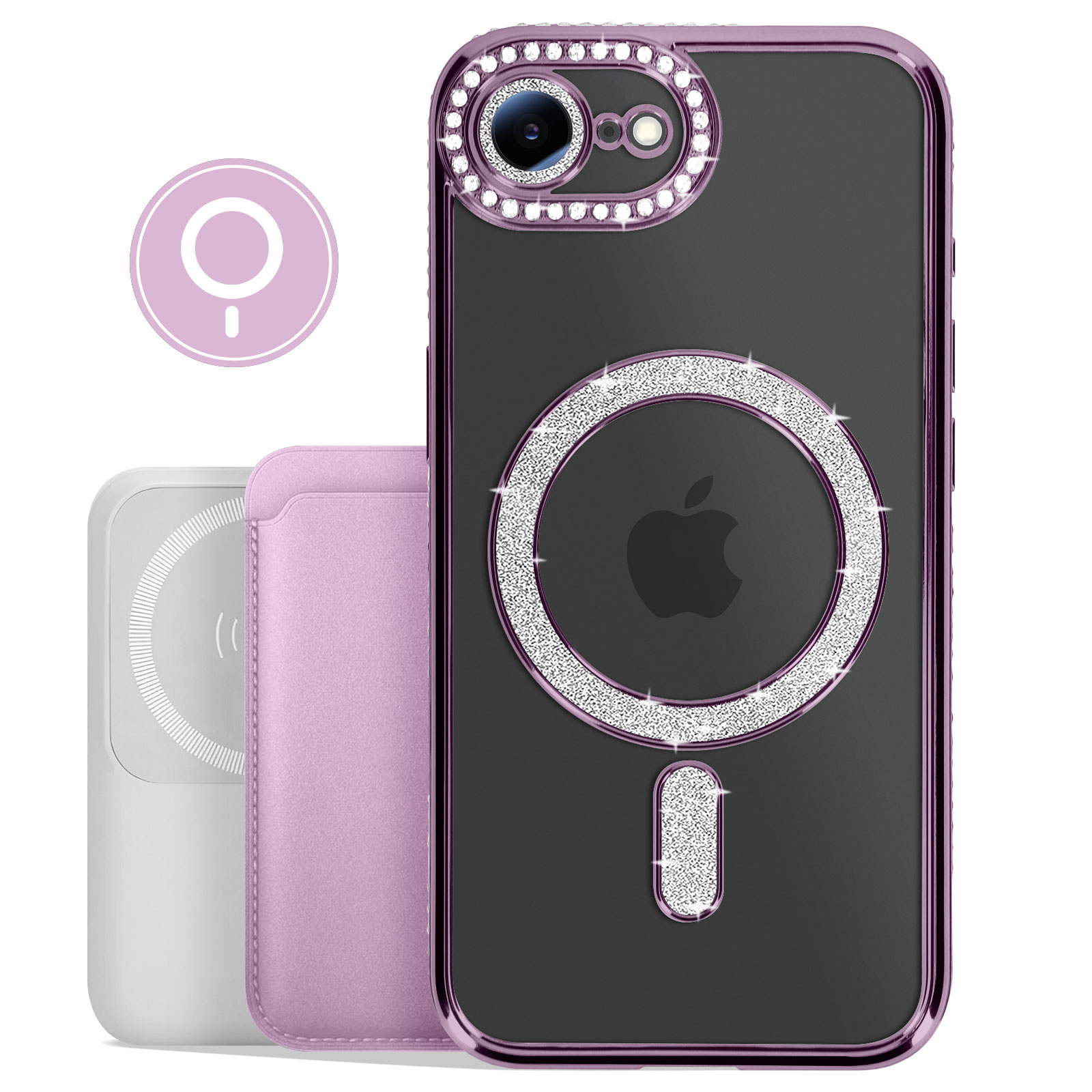 Telefoonhoesje met paars frame en strass, met witte oplader en paarse kaarthouder.