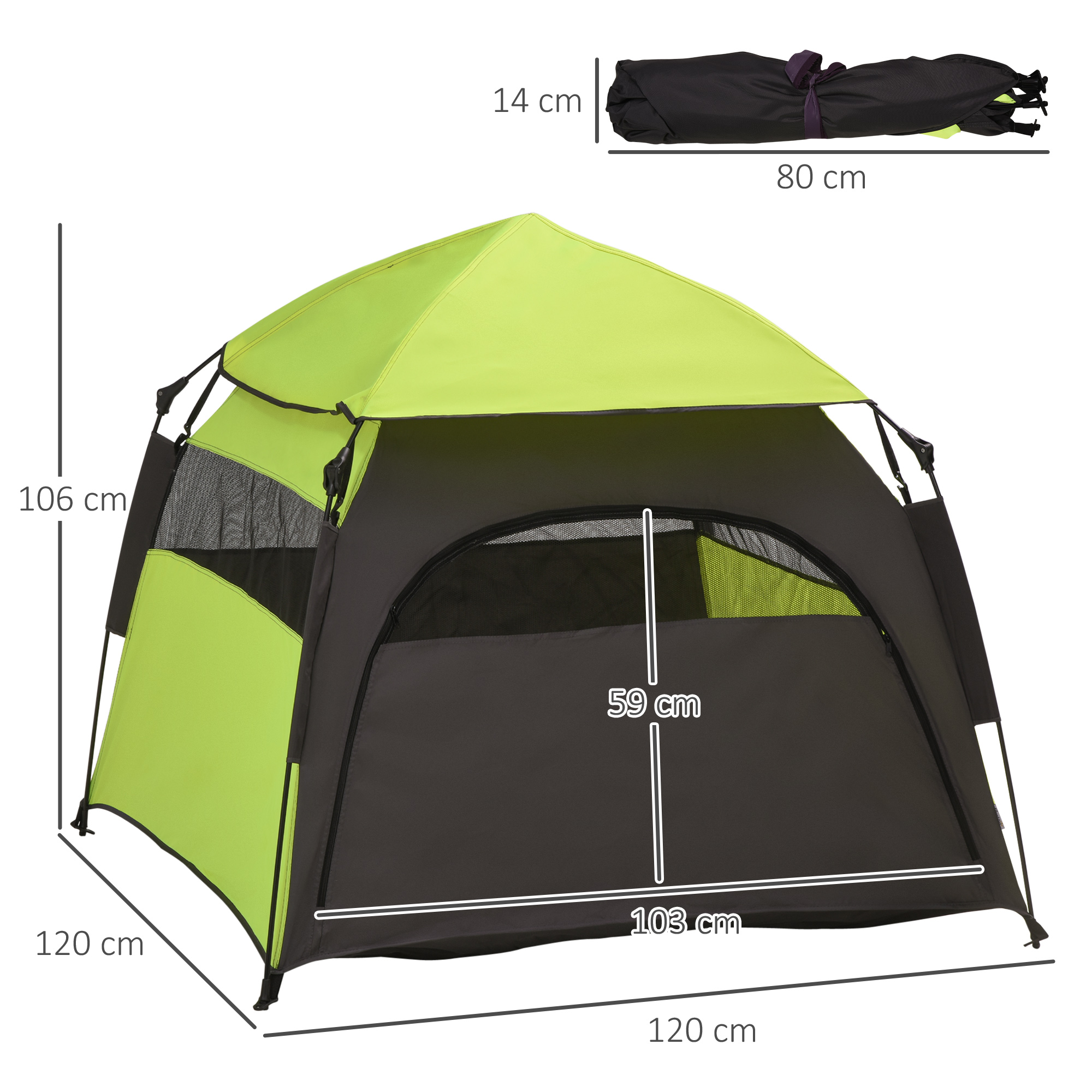 Grünes und schwarzes Zelt mit den Maßen: 106 cm Höhe, 120 cm Seiten, 59 cm Breite, 103 cm Länge und 14x80 cm in einer Tasche.