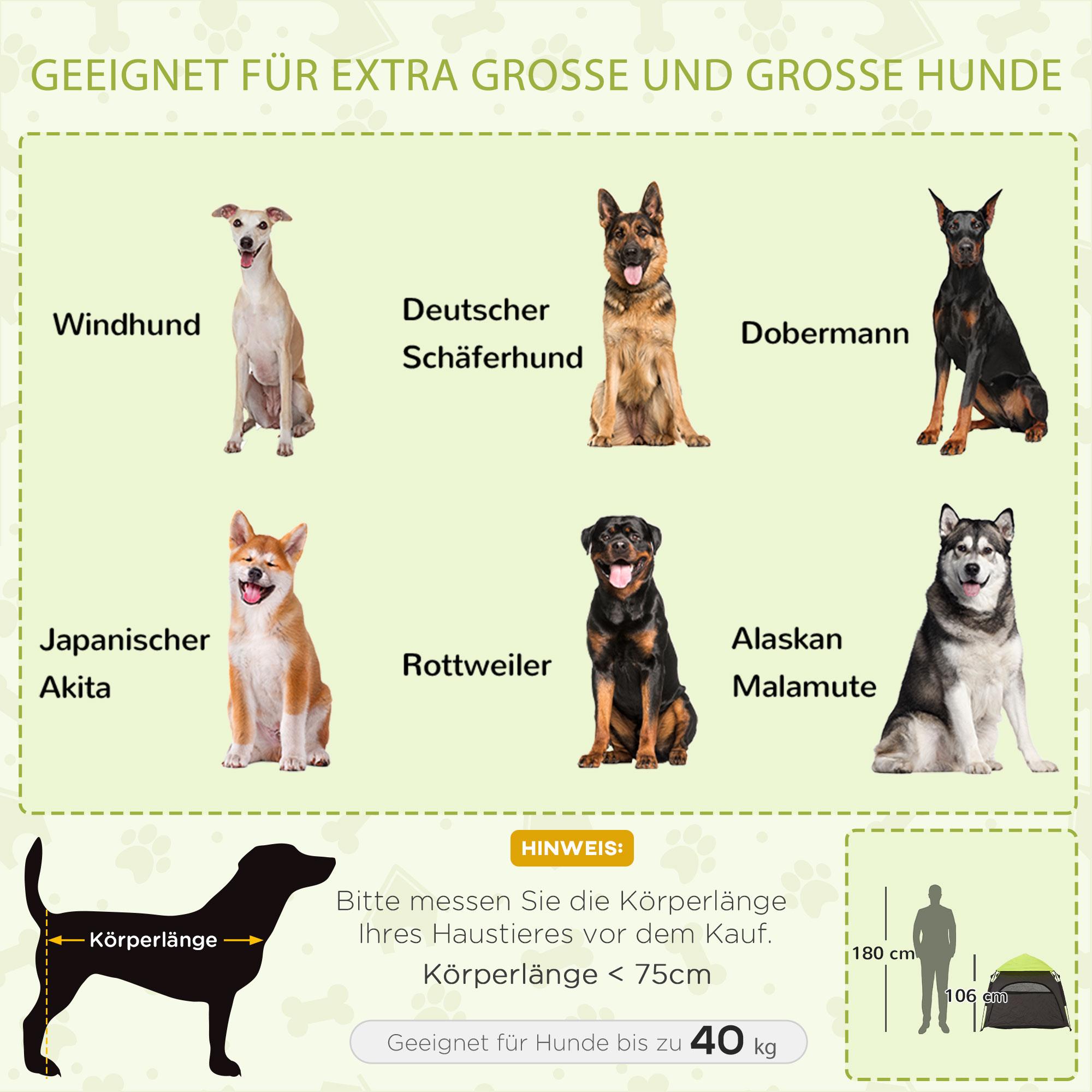 Diagramm mit Hunderassen: Windhund, Deutscher Schäferhund, Dobermann, Akita, Rottweiler, Alaskan Malamute.
