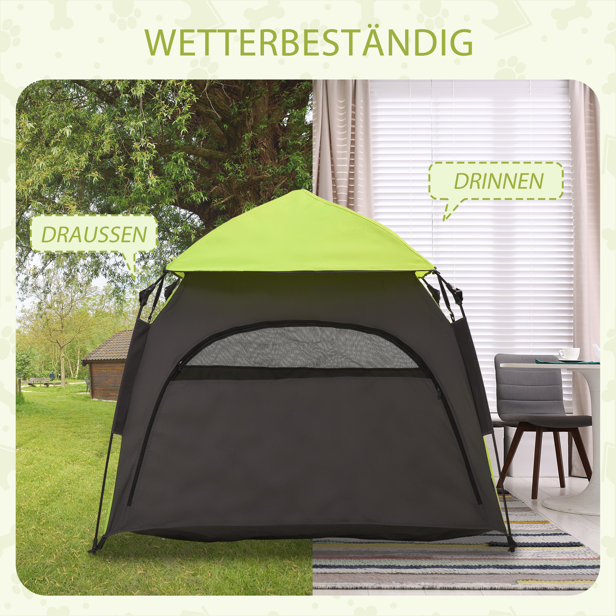 Hundezelt, halb im grünen Freien, halb drinnen mit Tisch und Fenster.