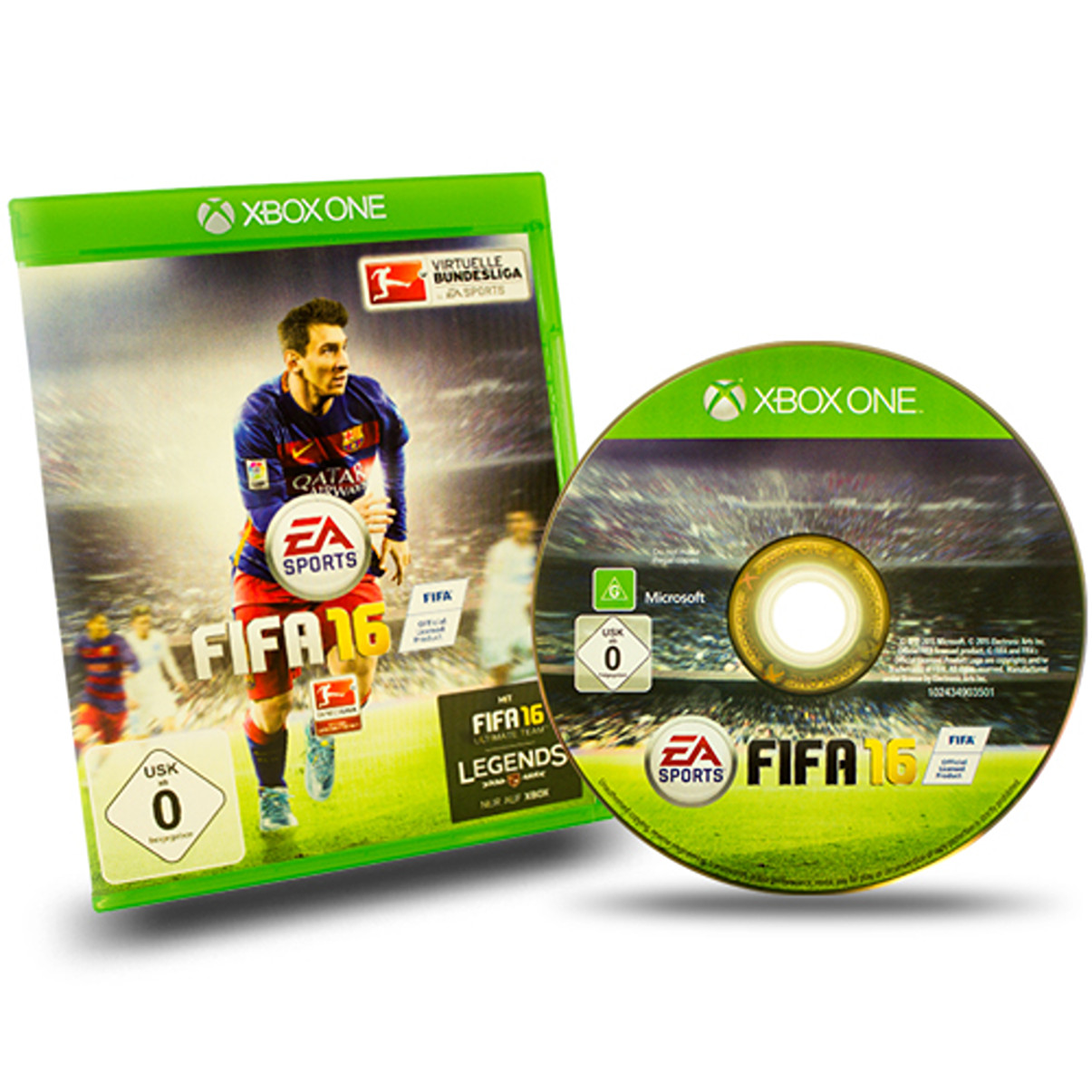 Xbox One-game, FIFA 16, met een doos en een schijf. De cover heeft een voetballer.