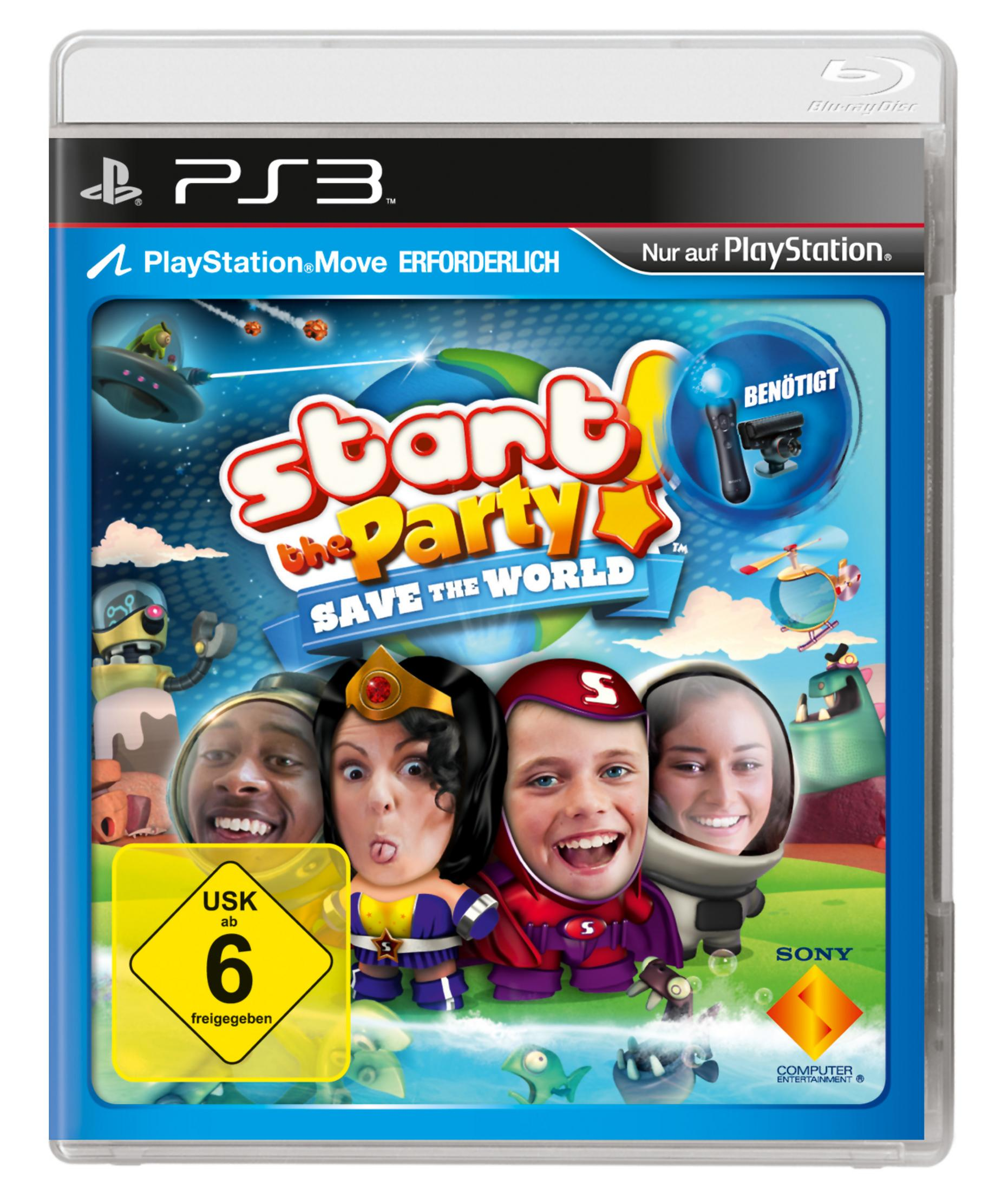 Start the Party gamebox, vier mensen met grappige gezichten. USK rating zichtbaar. Sony logo.