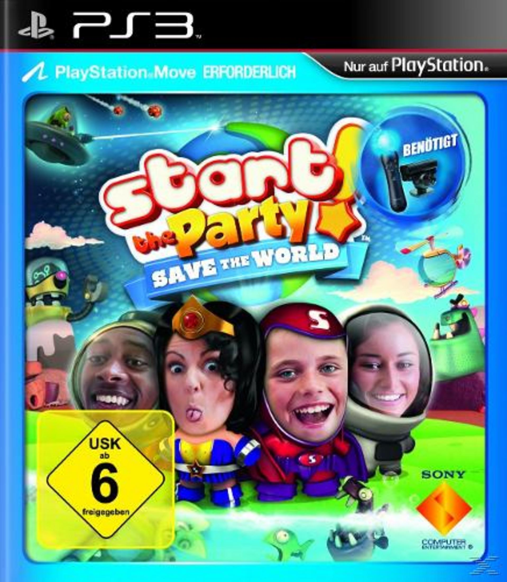 Start the Party! Save the World PS3-gamecover met mensen in kostuums.