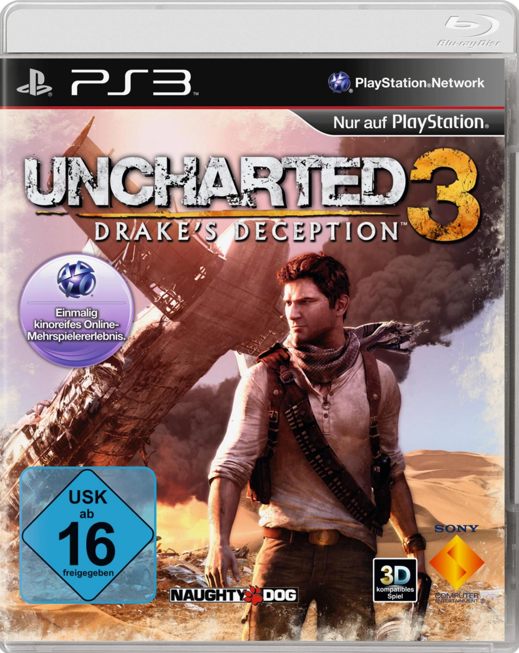Uncharted 3 gamebox, man met sjaal, woestijnachtergrond. PlayStation logo, USK rating.