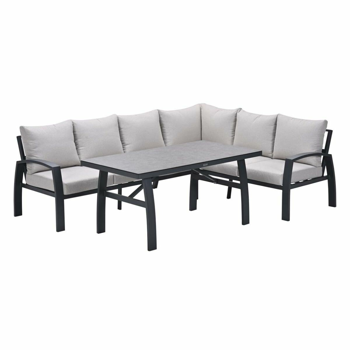 Ensemble de meubles d'extérieur : canapé d'angle et table. Coussins gris, cadre noir, fond blanc.