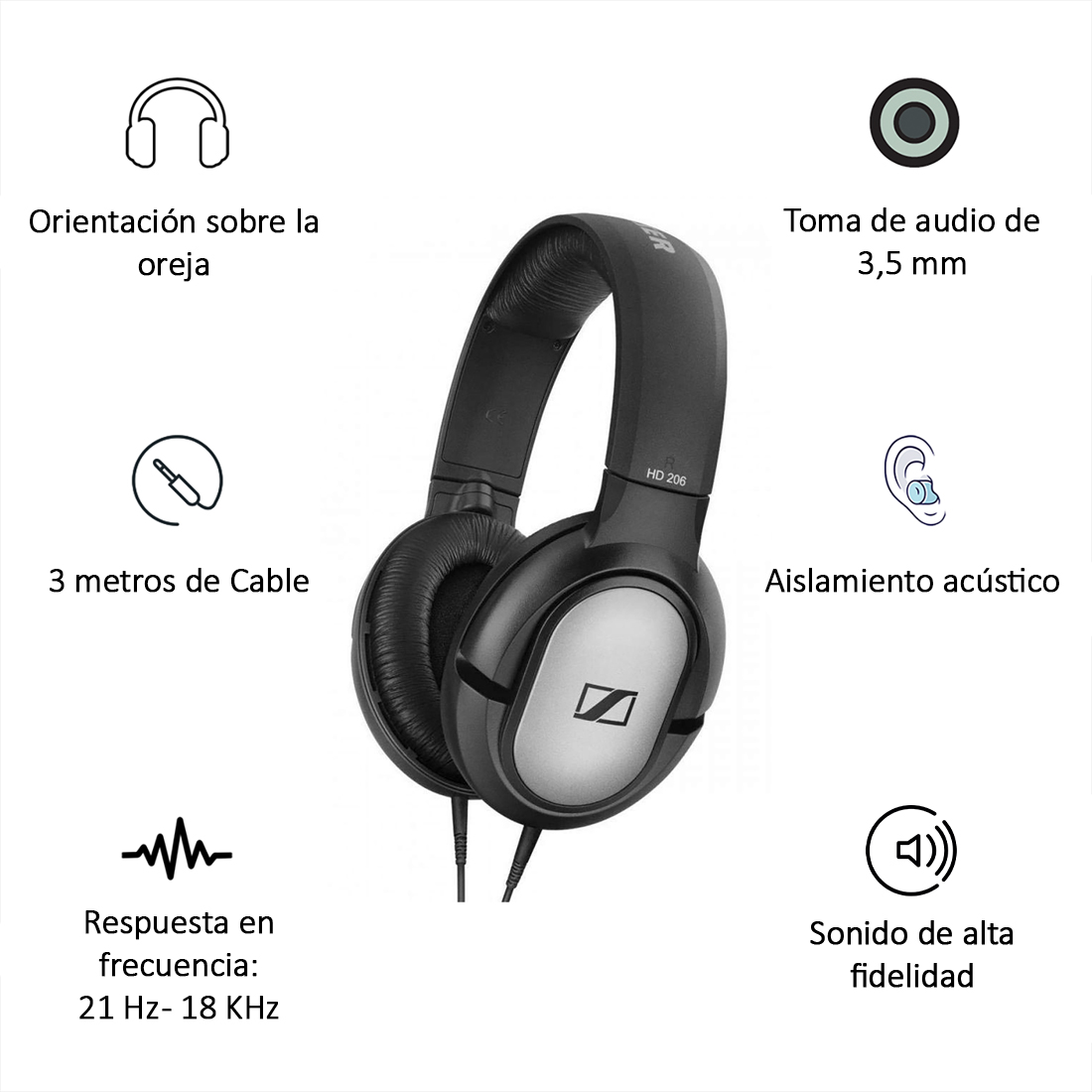 Auriculares negros con detalles plateados, un cable y un diagrama con texto en español. Sobre fondo blanco.
