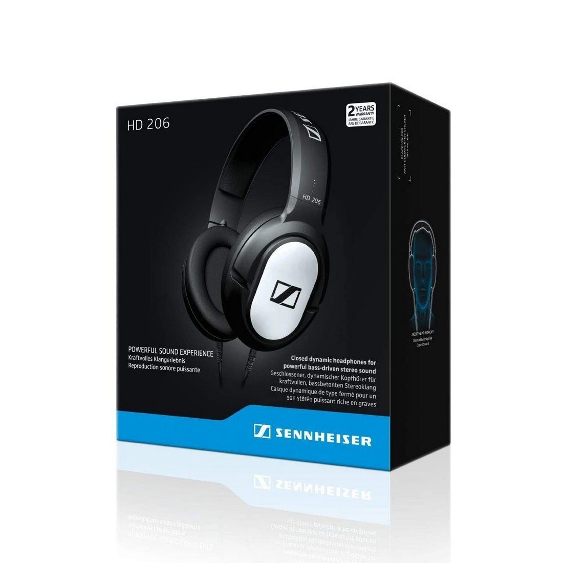 Caja de auriculares Sennheiser HD 206, auriculares visibles, blanco y negro.