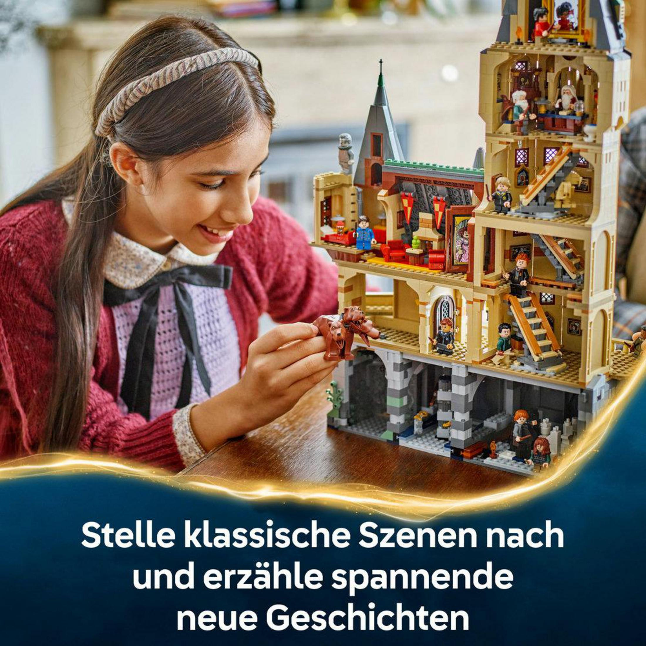 Dziewczyna buduje zestaw Lego Harry Potter wewnątrz budynku z tekstem.