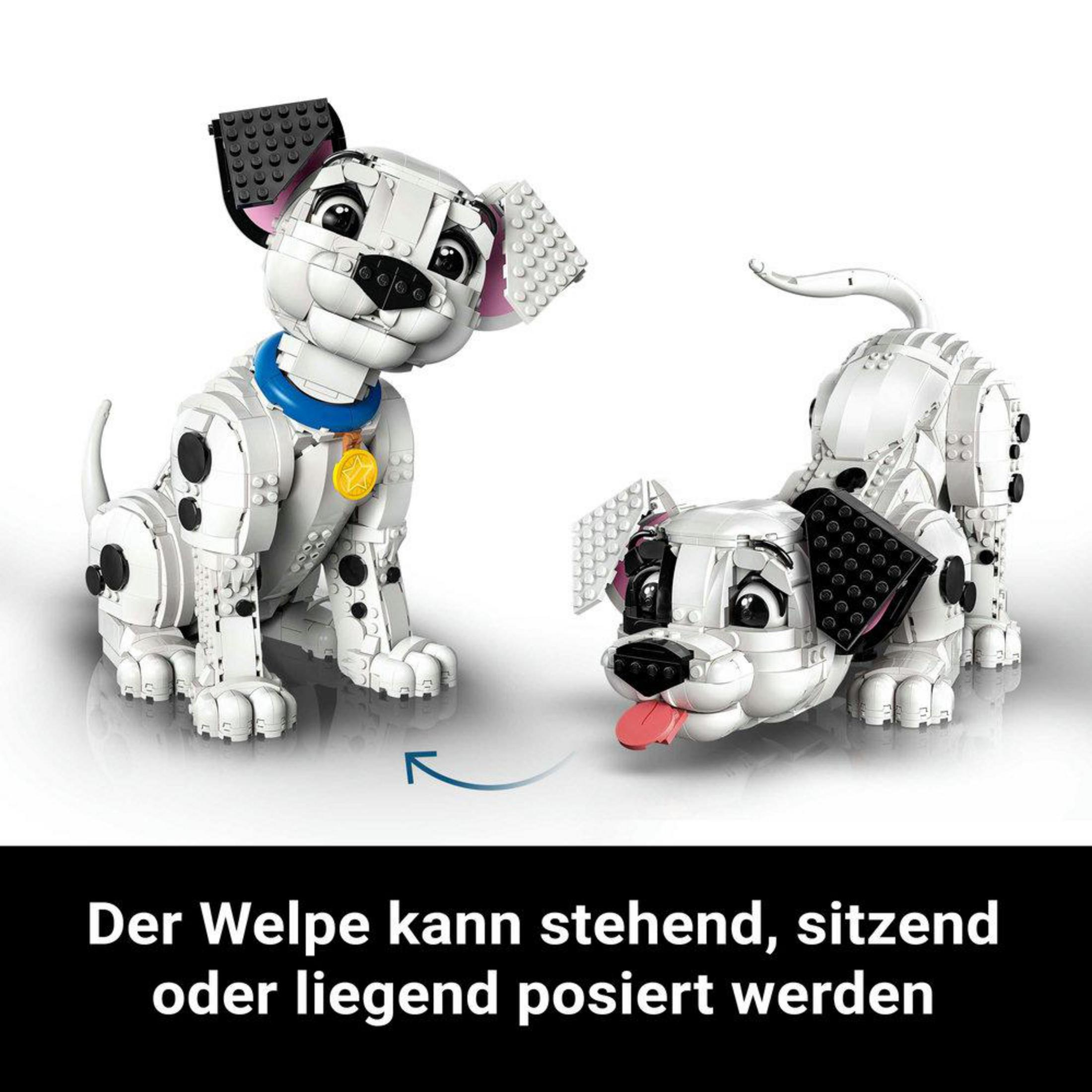 Due modelli LEGO di dalmata. Uno seduto con un collare blu e un altro sdraiato. Testo: 'Il cucciolo può essere posizionato'.