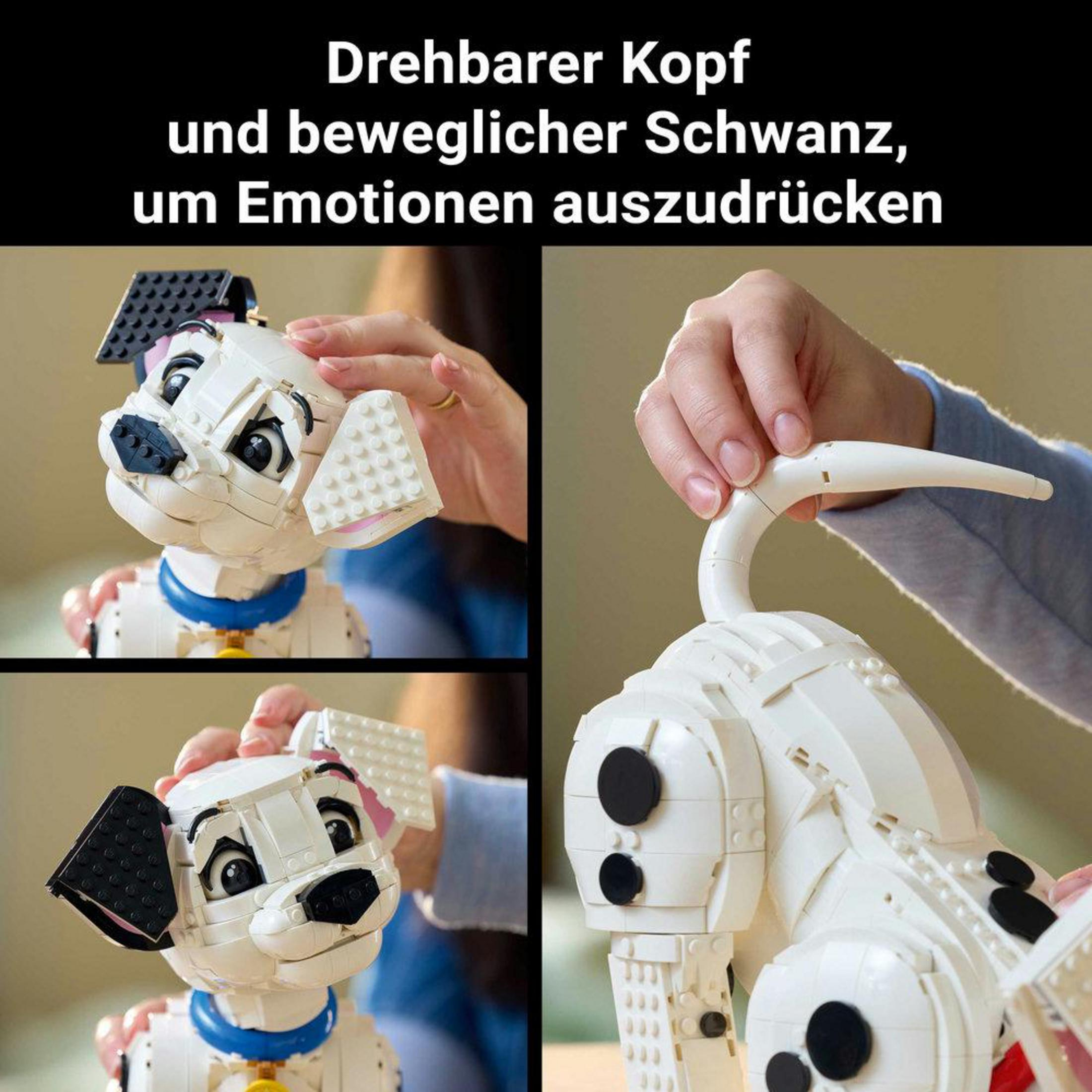 Model Lego dalmatyńczyka, regulacja głowy i ogona, z tekstem w języku niemieckim.