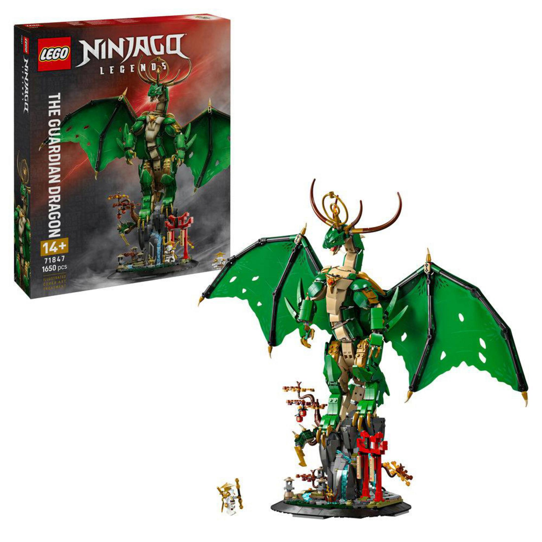 Scatola e modello del set LEGO Ninjago Il Drago Guardiano. Il modello è un drago verde su sfondo nero.