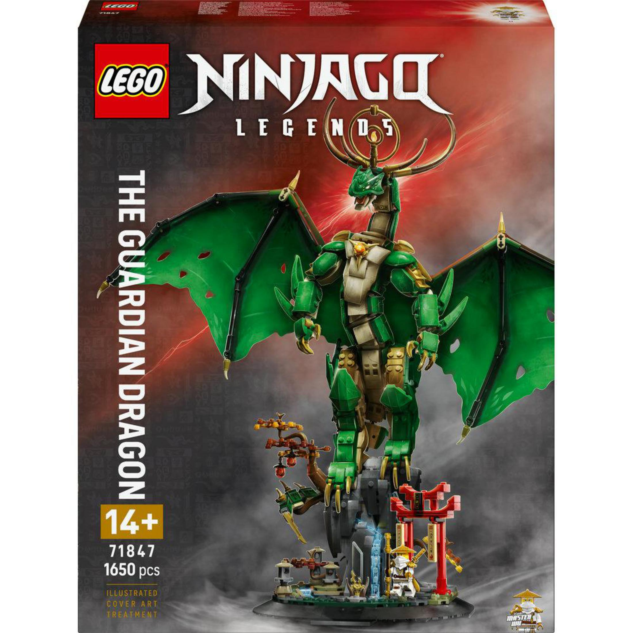 Scatola del set Lego Ninjago Guardian Dragon con un drago verde in un ambiente rosso e oro.