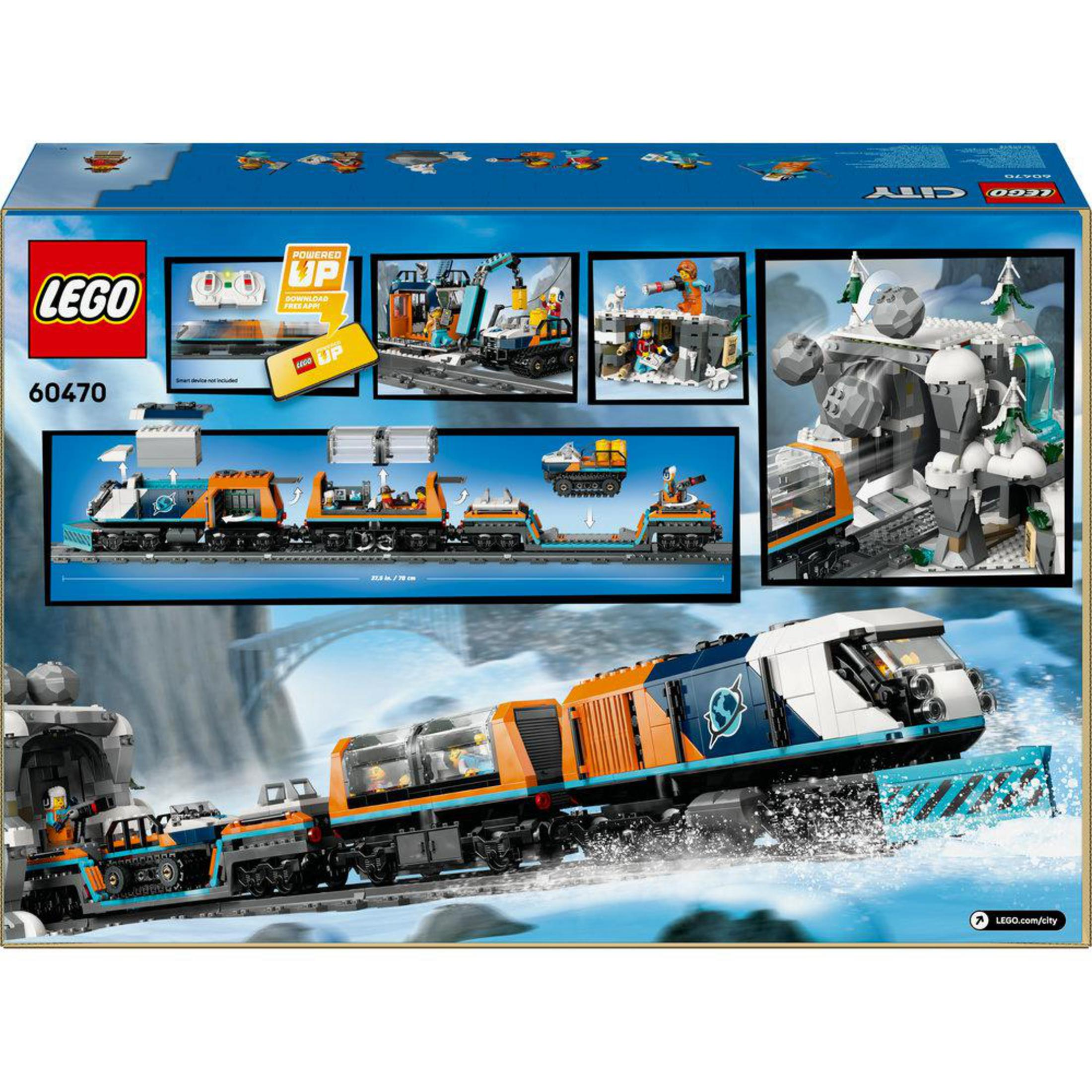 Parte trasera de la caja del set LEGO City Tren Explorador. Muestra varias características del set, incluido un tren.