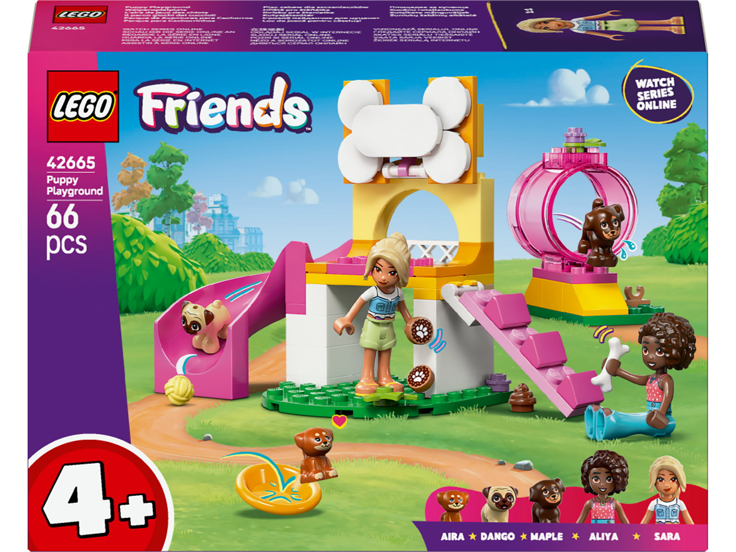 Scatola del set LEGO Friends Puppy Playground. Presenta un parco giochi con personaggi e cuccioli.