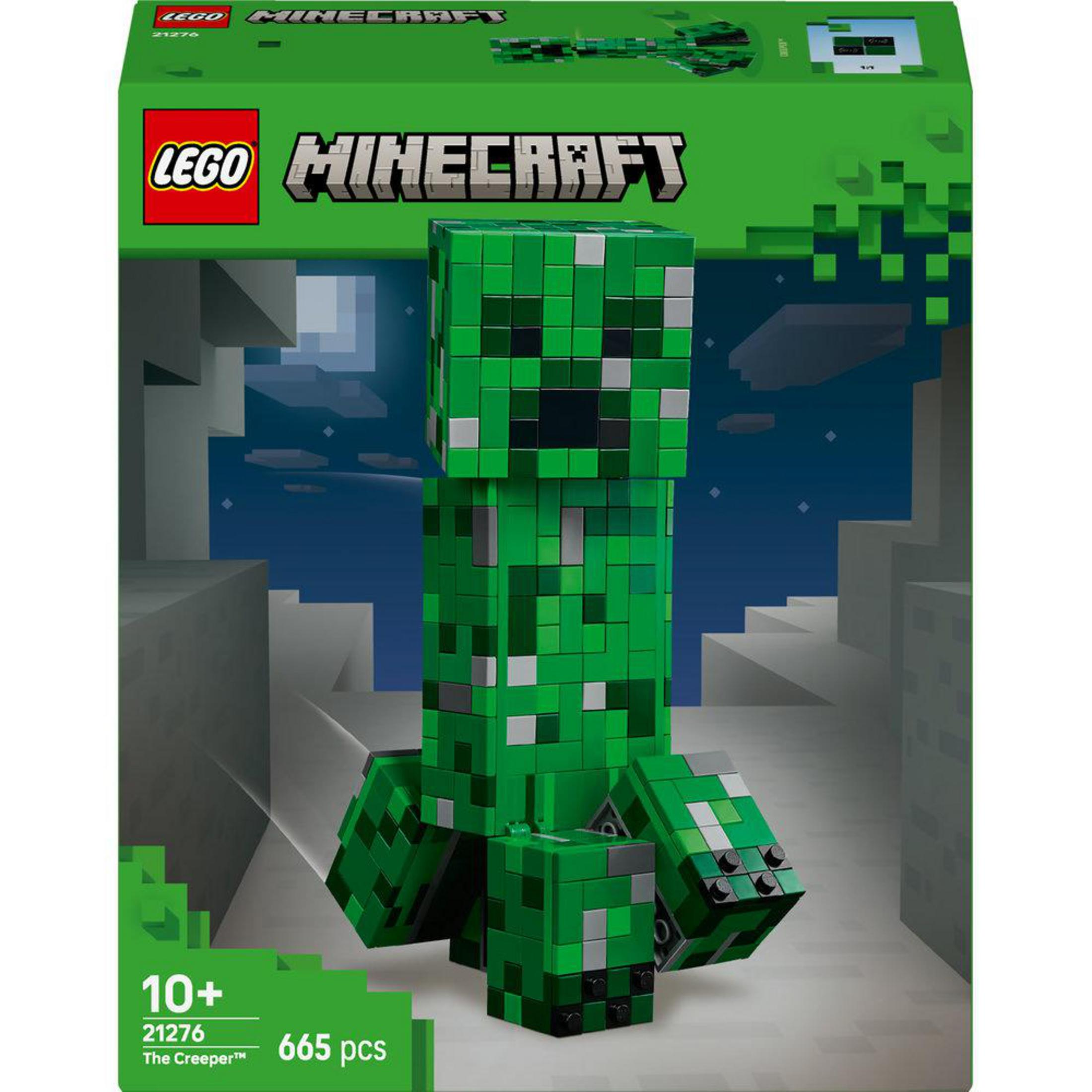 Zestaw Lego Minecraft Creeper: Duża zielona figurka Creepera z logo Minecraft na tle miasta.