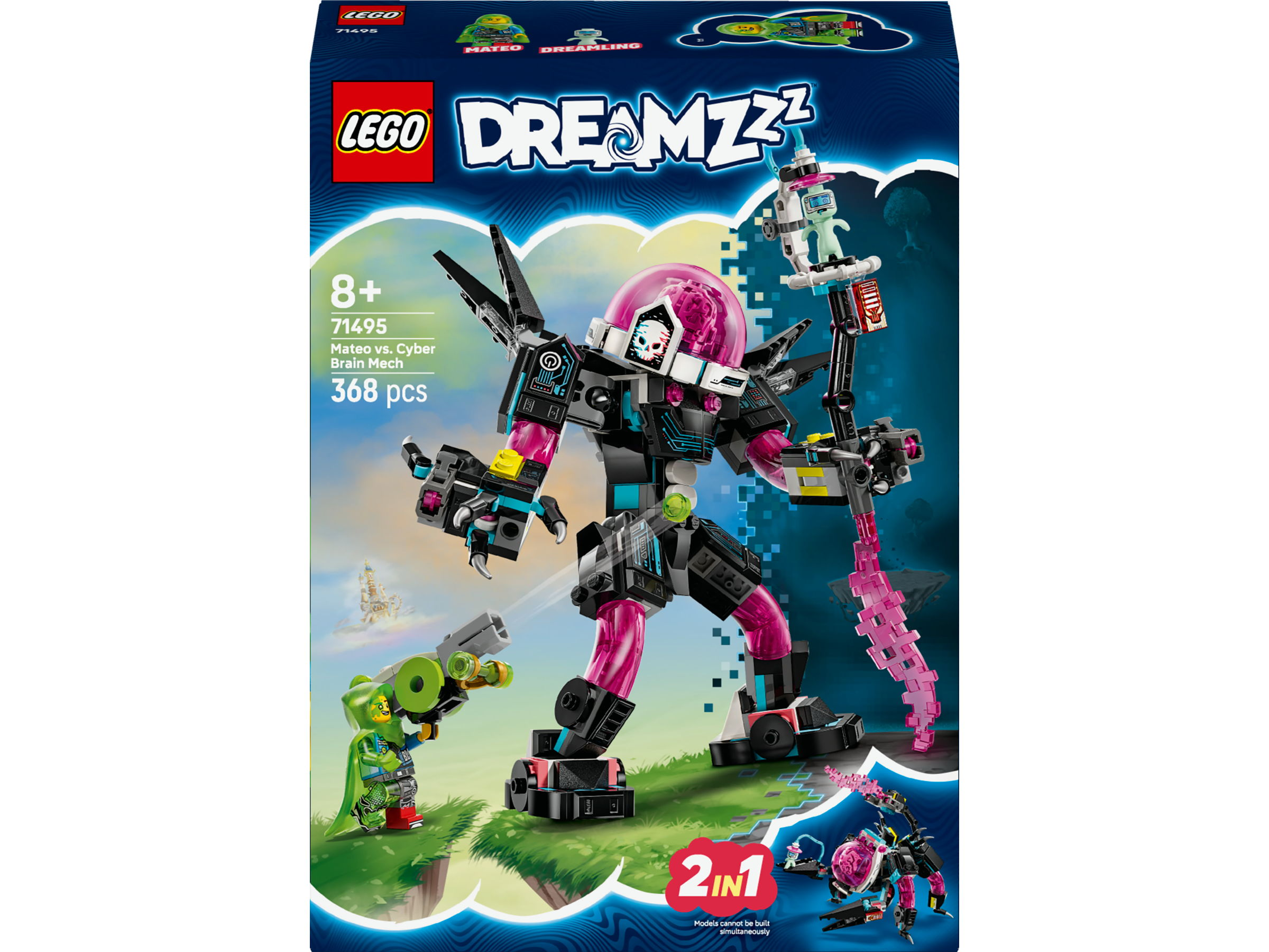 Caja LEGO Dreamzzz Mateo vs. Cyber Brain Mech. Presenta un robot y una minifigura en una escena de fantasía.