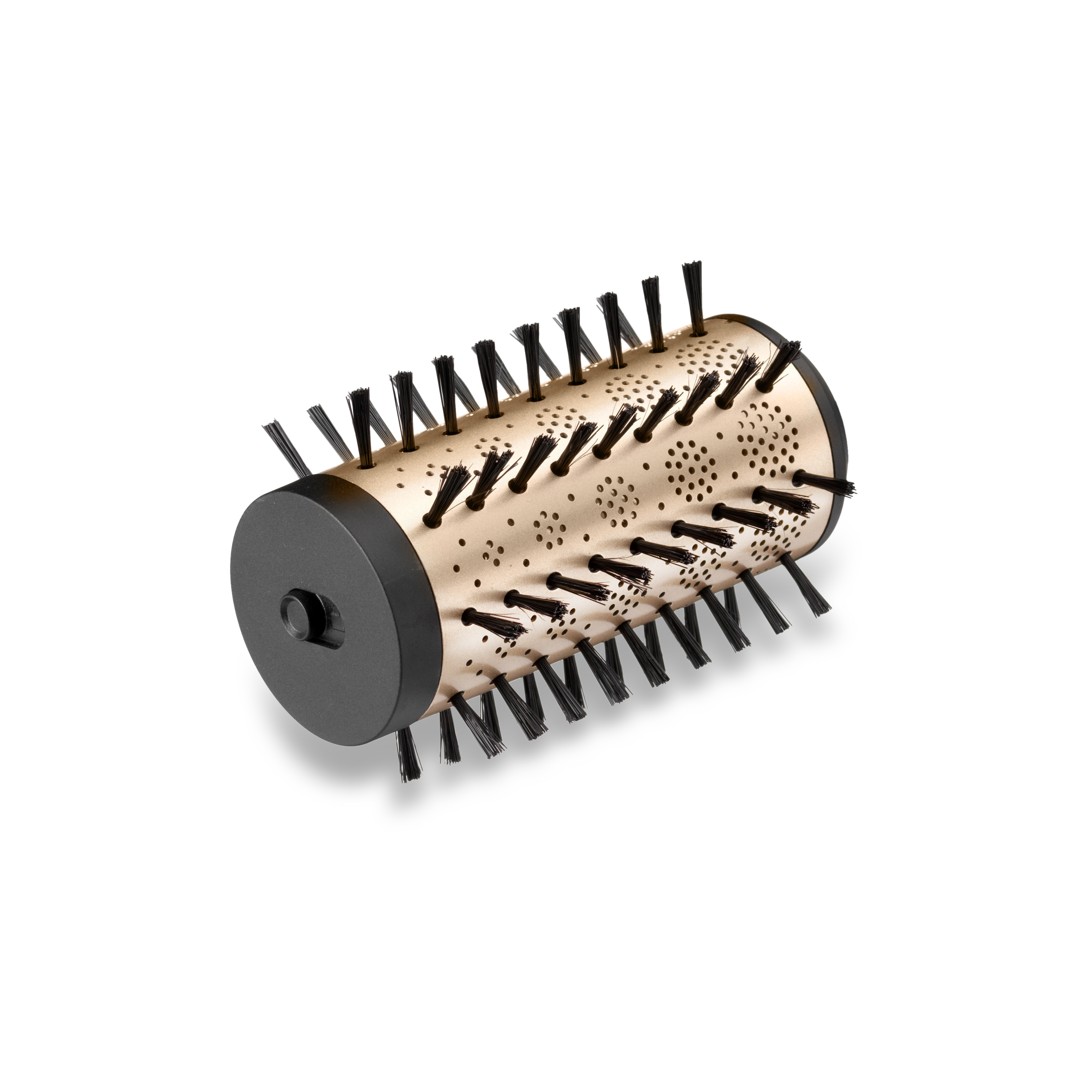 Brosse de coiffure ronde avec des soies noires et un cylindre doré, fond blanc.