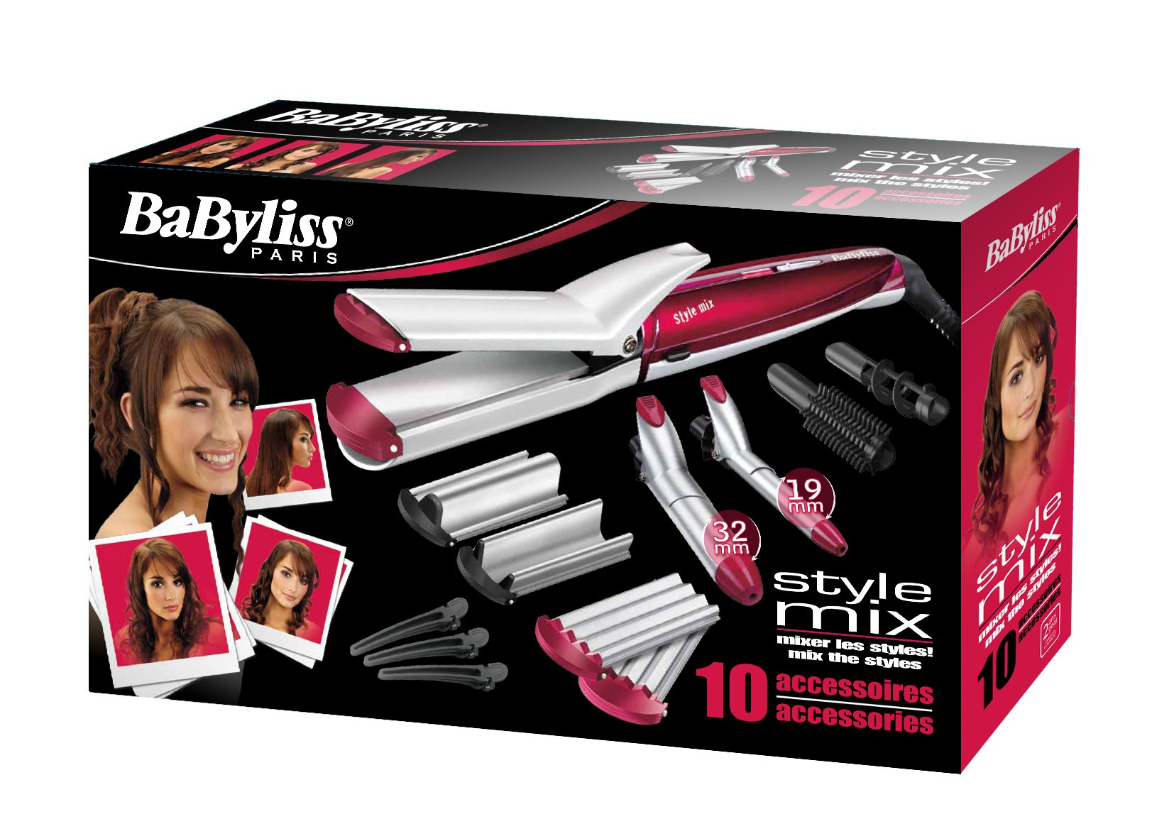 Scatola con strumenti per lo styling dei capelli e volto di donna. Sfondo bianco.