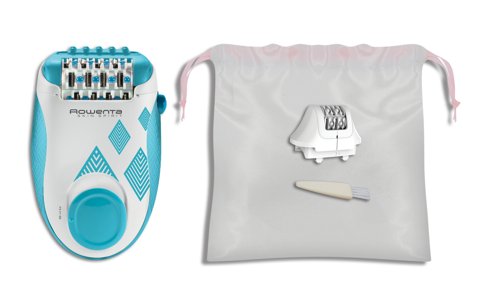 Depilator i akcesoria, w tym szczotka i głowica zapasowa. Białe tło.