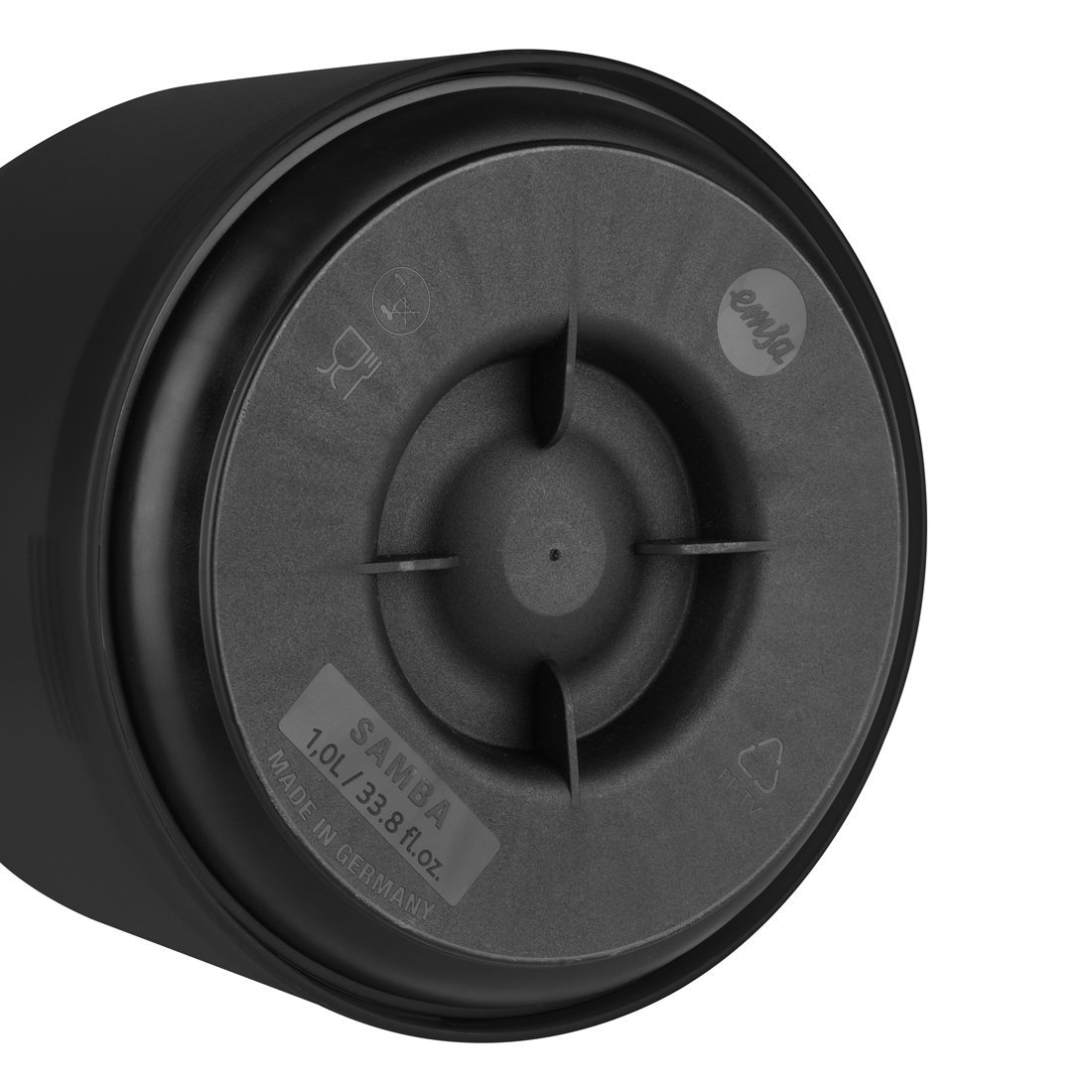 Fondo di thermos nero. Contrassegnato 'Samba' 1.0L/33.8 fl.oz. Made in Germany.