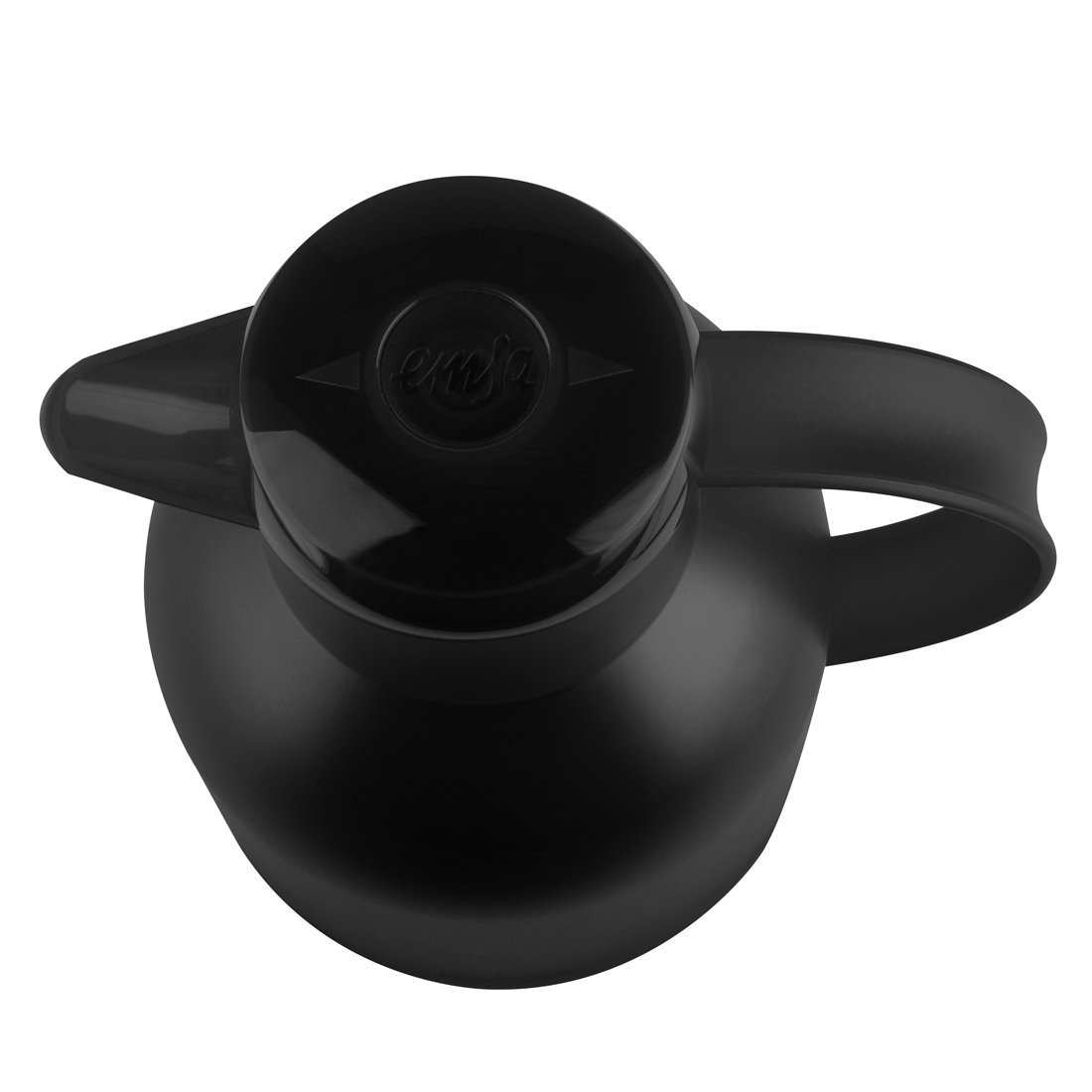 Thermos nero dall'alto. La parte superiore ha un tappo nero con il logo 'emsa'.