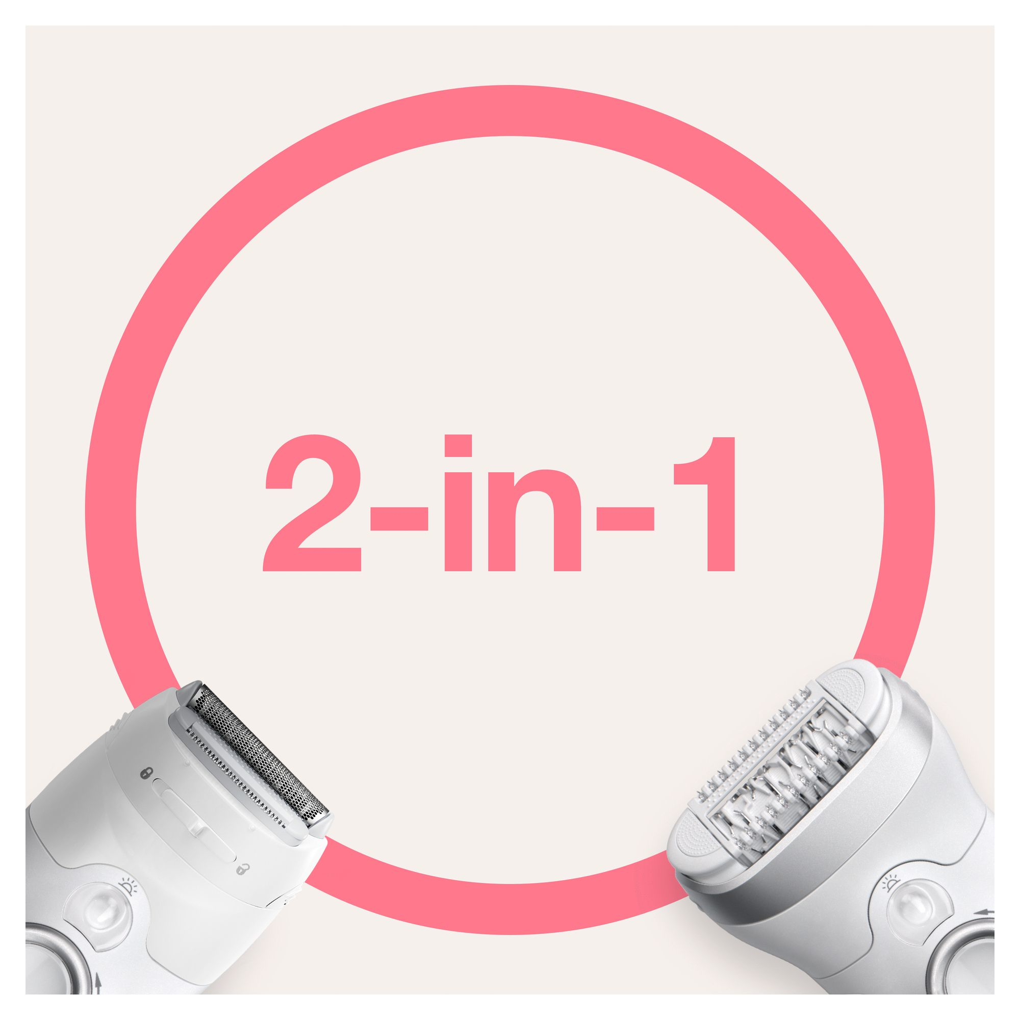 Componenti di epilatore bianchi e testo '2-in-1' in un cerchio rosa.