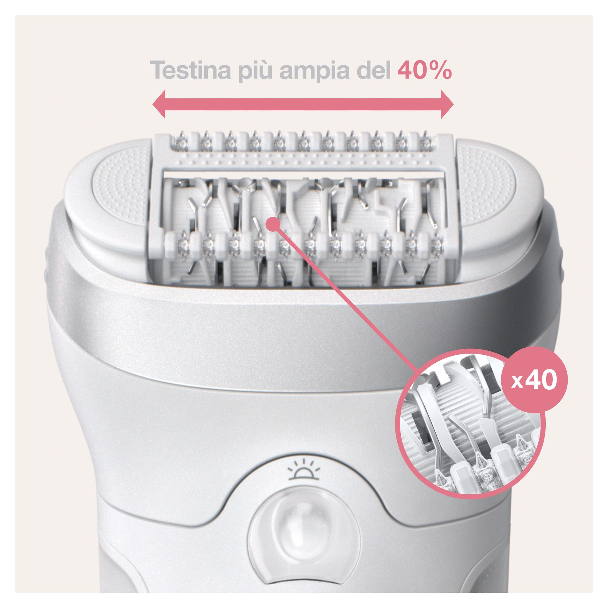 Primo piano della testina dell'epilatore con parti evidenziate ed etichette di testo.