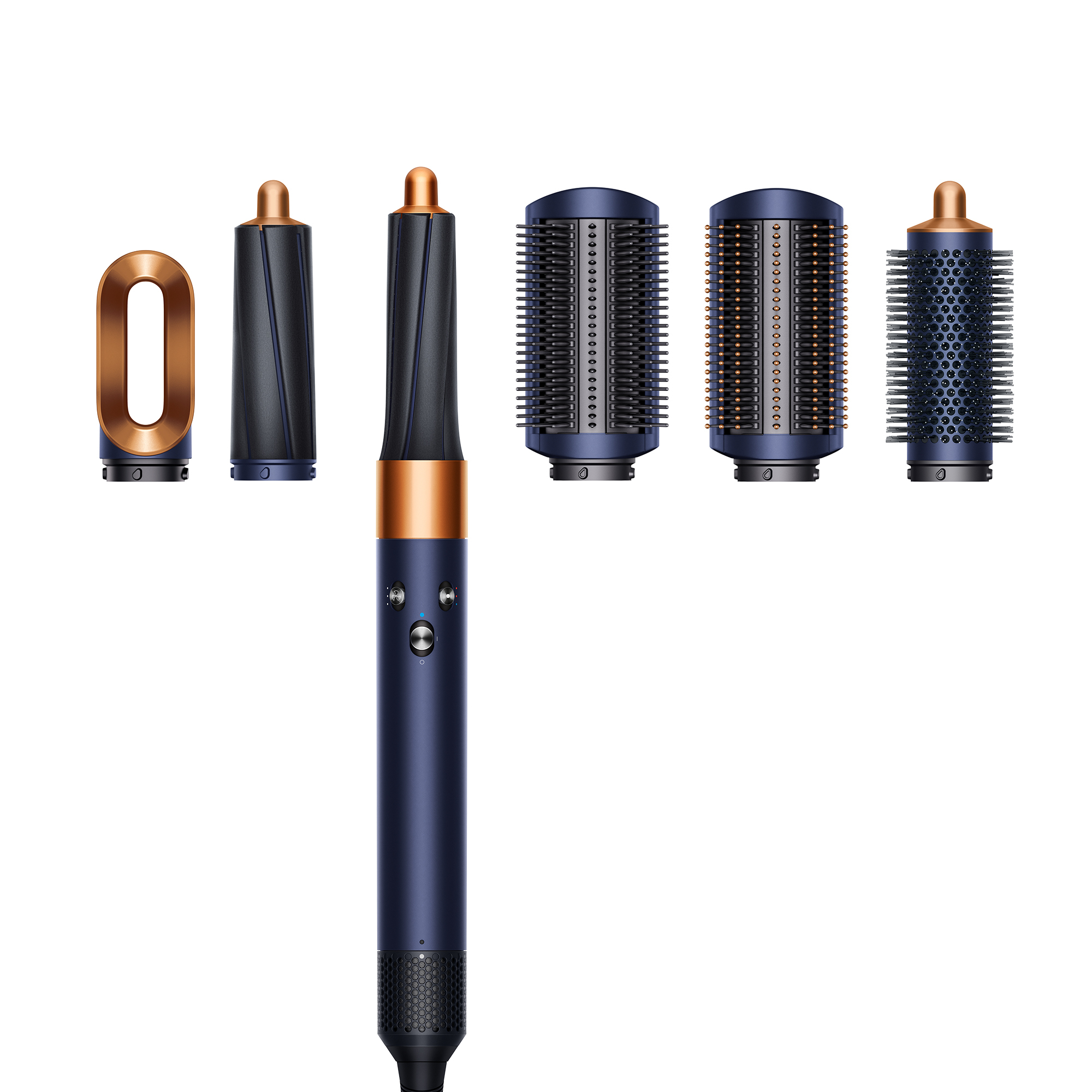 Uno strumento per lo styling dei capelli con più accessori. È blu e rame, su sfondo bianco.