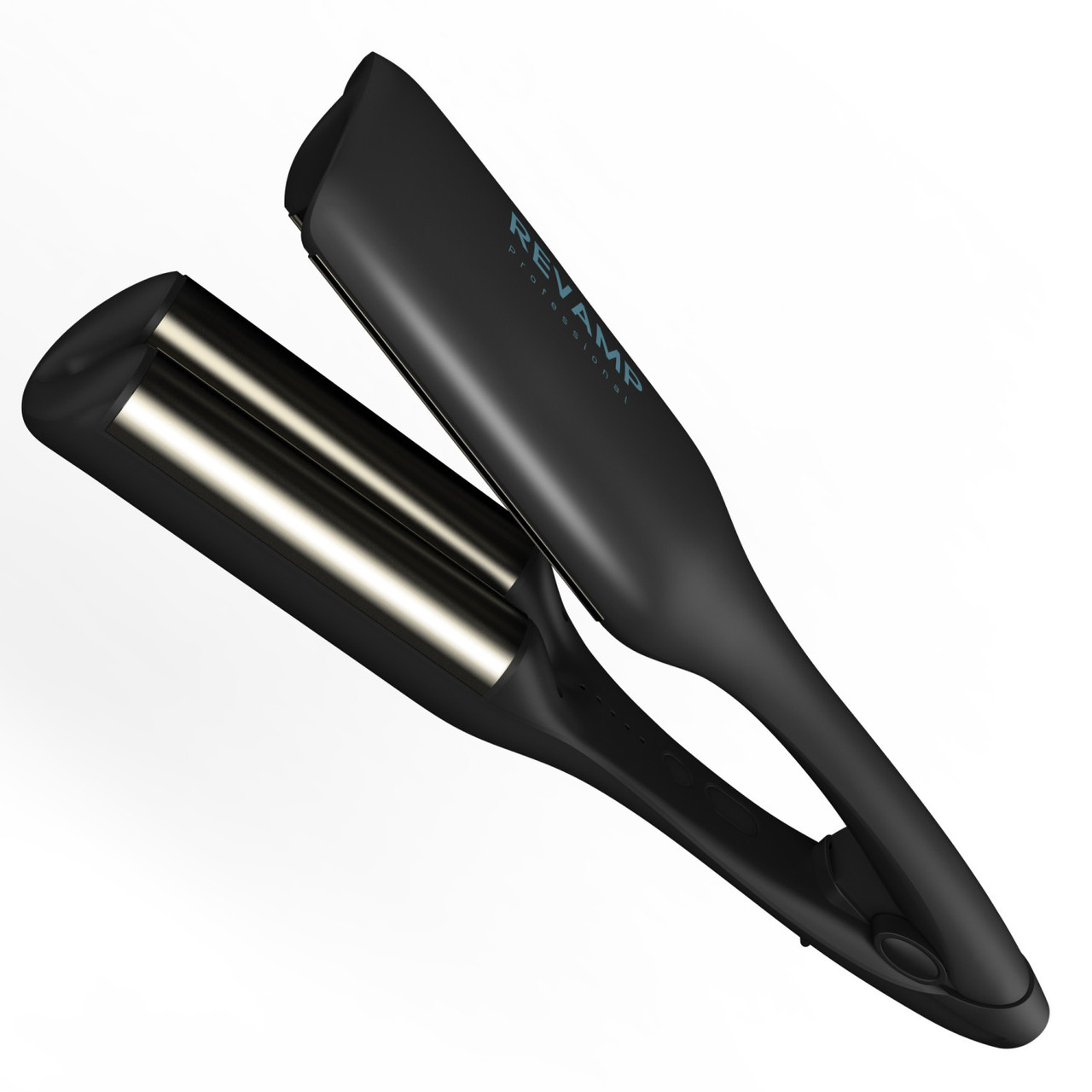 Ein schwarzes Haarstyling-Tool auf weißem Hintergrund, für visuelle Klarheit abgewinkelt.
