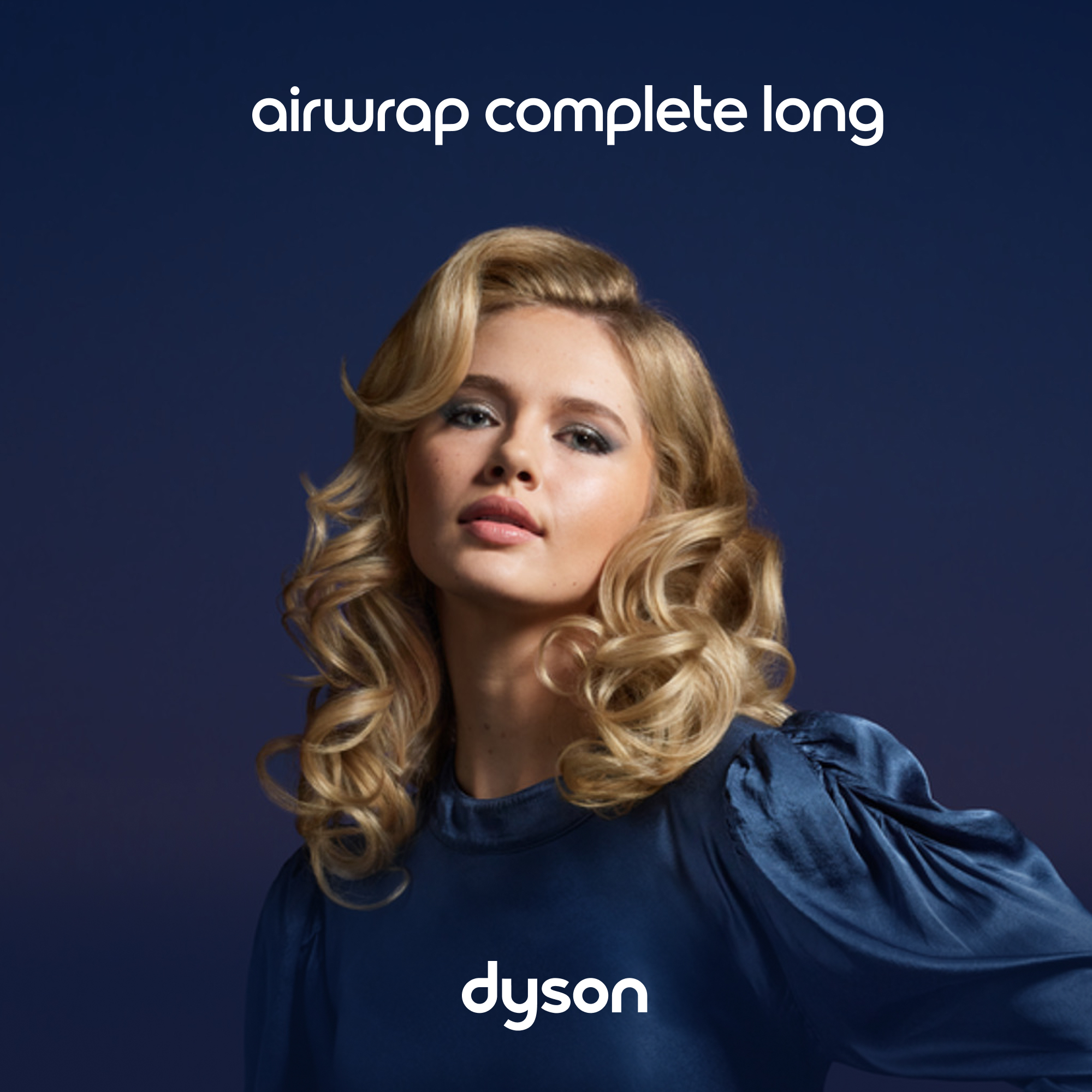 Mavi bir arka planın önünde, Dyson logosuyla dalgalı sarı saçlı bir kadın.