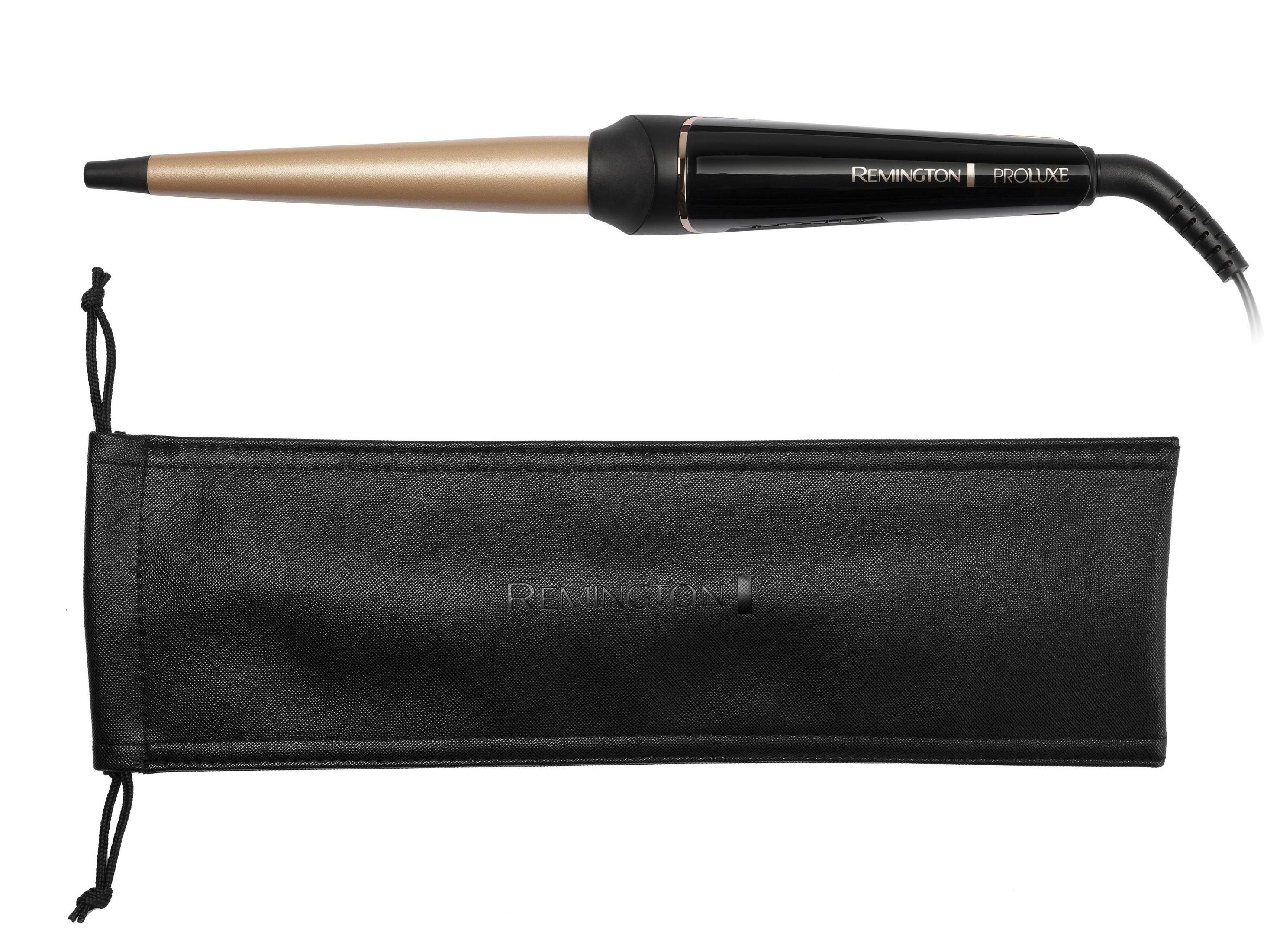 Czarna lokówka Remington Proluxe z czarnym etui do przechowywania.