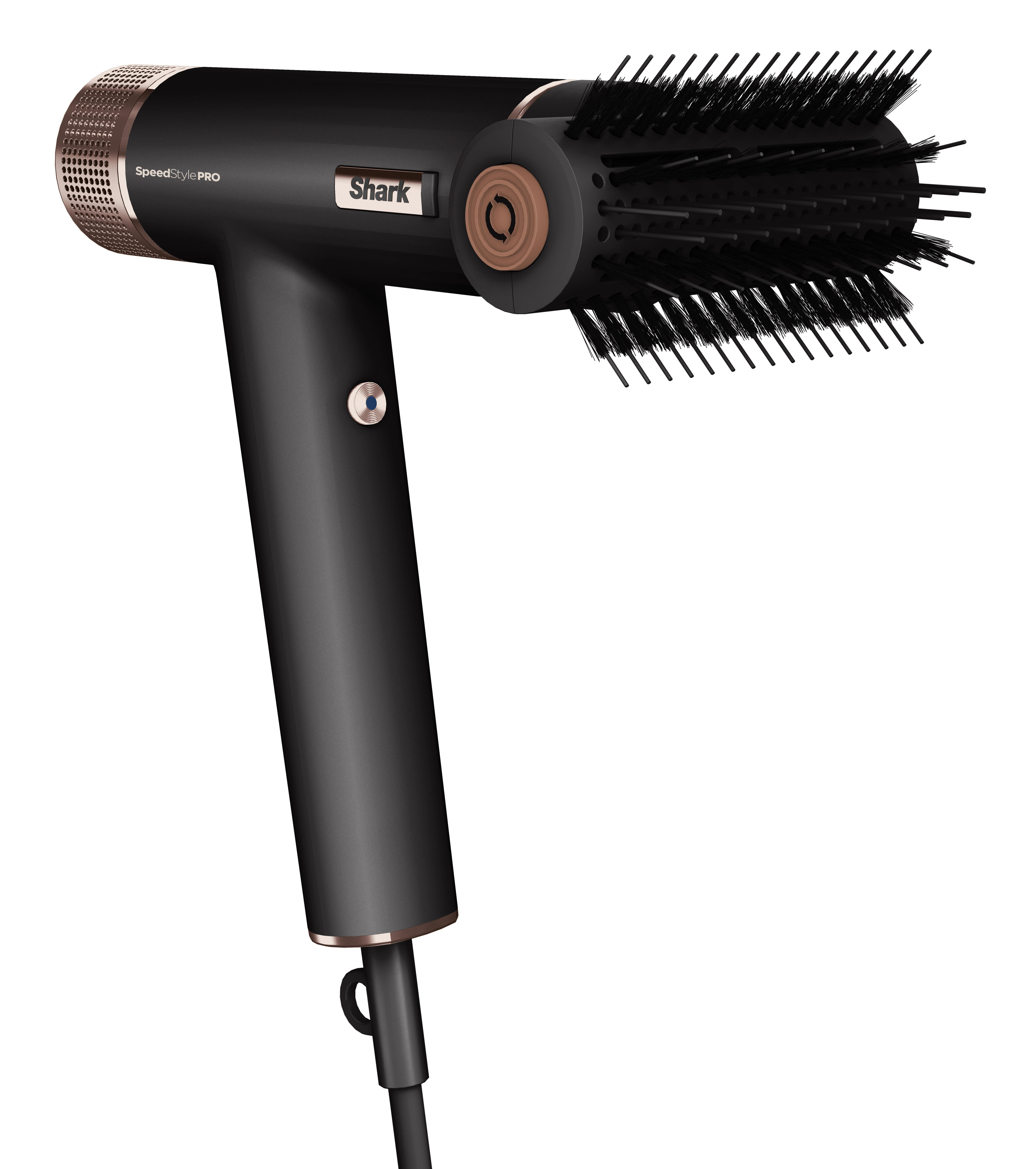 Czarna i brązowa suszarka do włosów z okrągłą nasadką szczotkową. Marka to Shark.