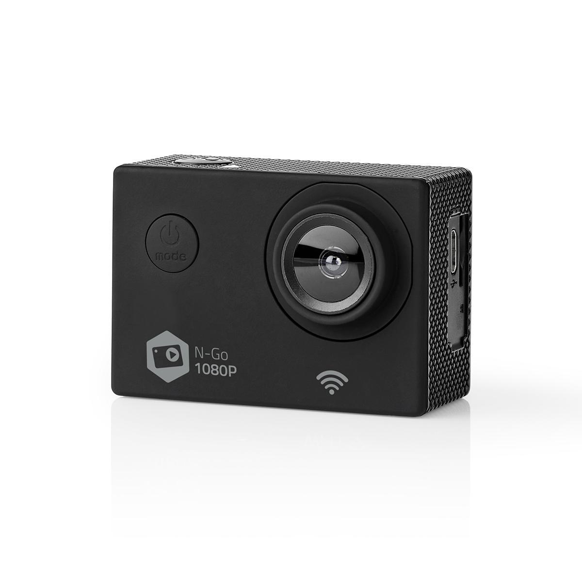 Czarna kamera N-Go 1080P z obiektywem, przyciskiem trybu i symbolem wifi.