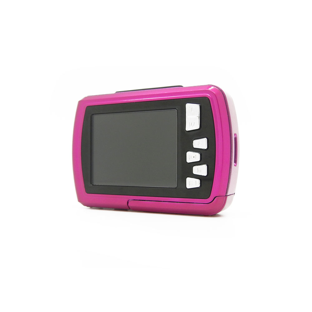 Una cámara digital rosa con pantalla y botones, aislada sobre fondo blanco.